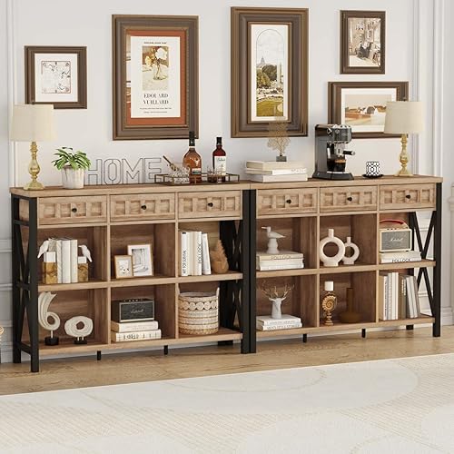 Miniatura 7 de FATORRI Estante organizador de almacenamiento rústico de 6 cubos con 3 cajones, estantería horizontal larga, estantería industrial de madera y metal