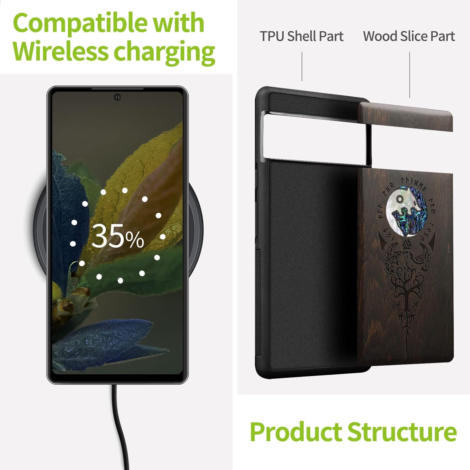 Carveit Designer Wooden Case for Google Pixel 8 Case Protective Cover [Wood Engraving & Shell Inlay] Compatible with Wireless Chargers Pixel 8 (Yin Yang Wolf-Blackwood)