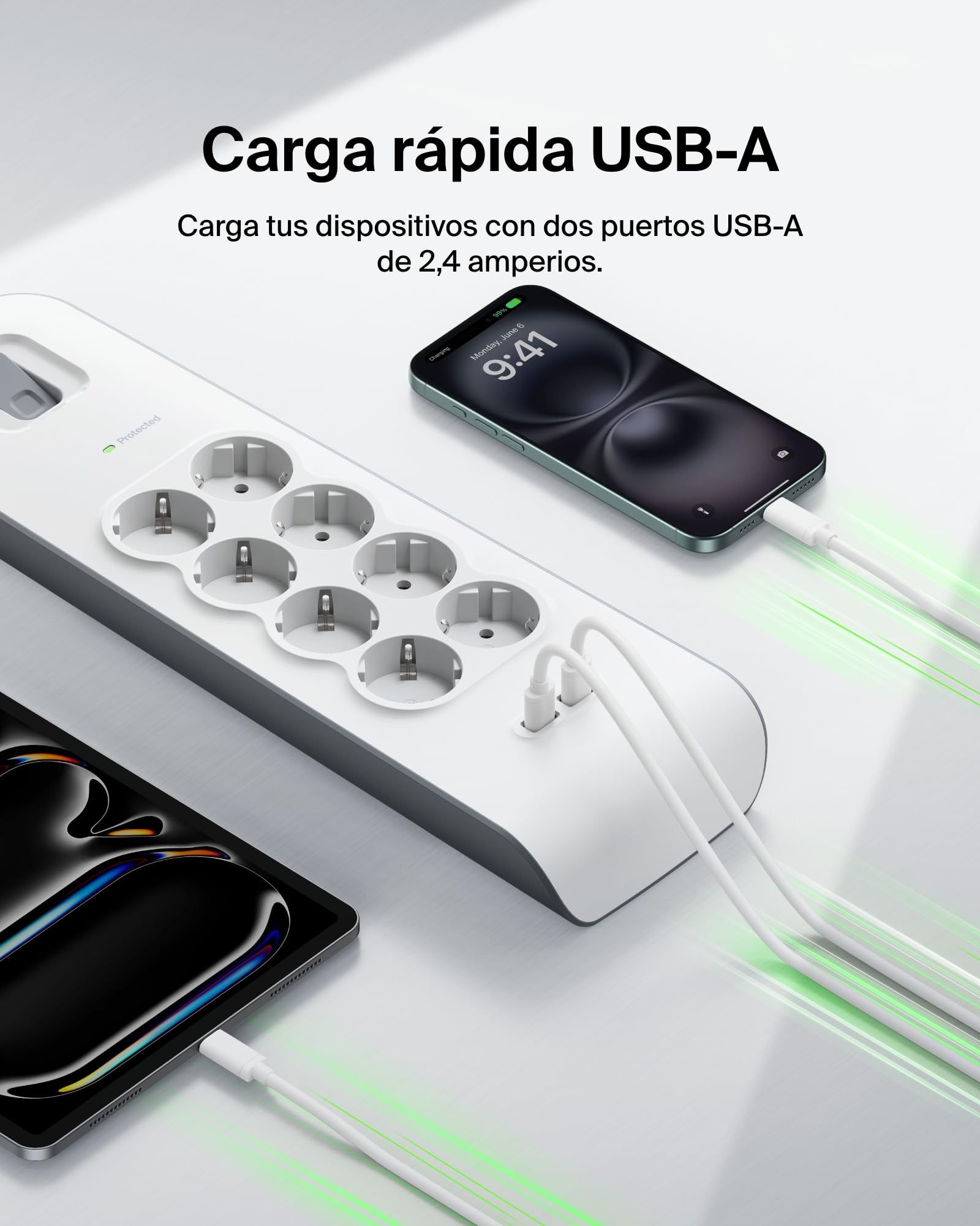 Belkin Regleta de enchufes con 8 tomas y 2 puertos USB-A (2,4 A) con protección contra sobretensiones, 900 julios, ladrón, cable de 2 metros, base múltiple con protección eléctrica, hogar y oficina