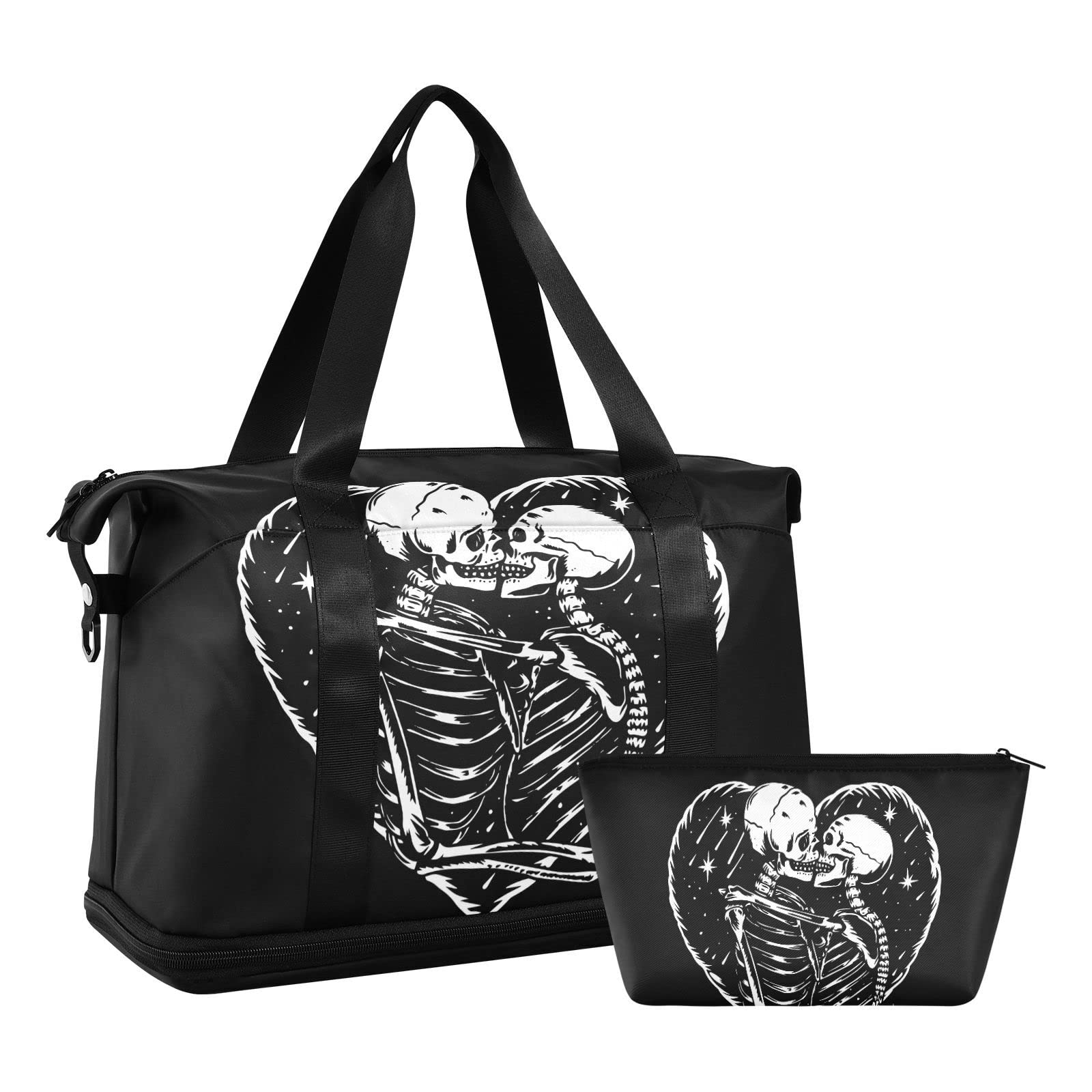Gym Bag, Large Travel Swimming Sports Duffel Bags with Shoe Compartment Wet Pocket Women Men, Skull Love Kiss Tote Gym Bag with Strap Handle Trolley Sleeve Makeup Bags