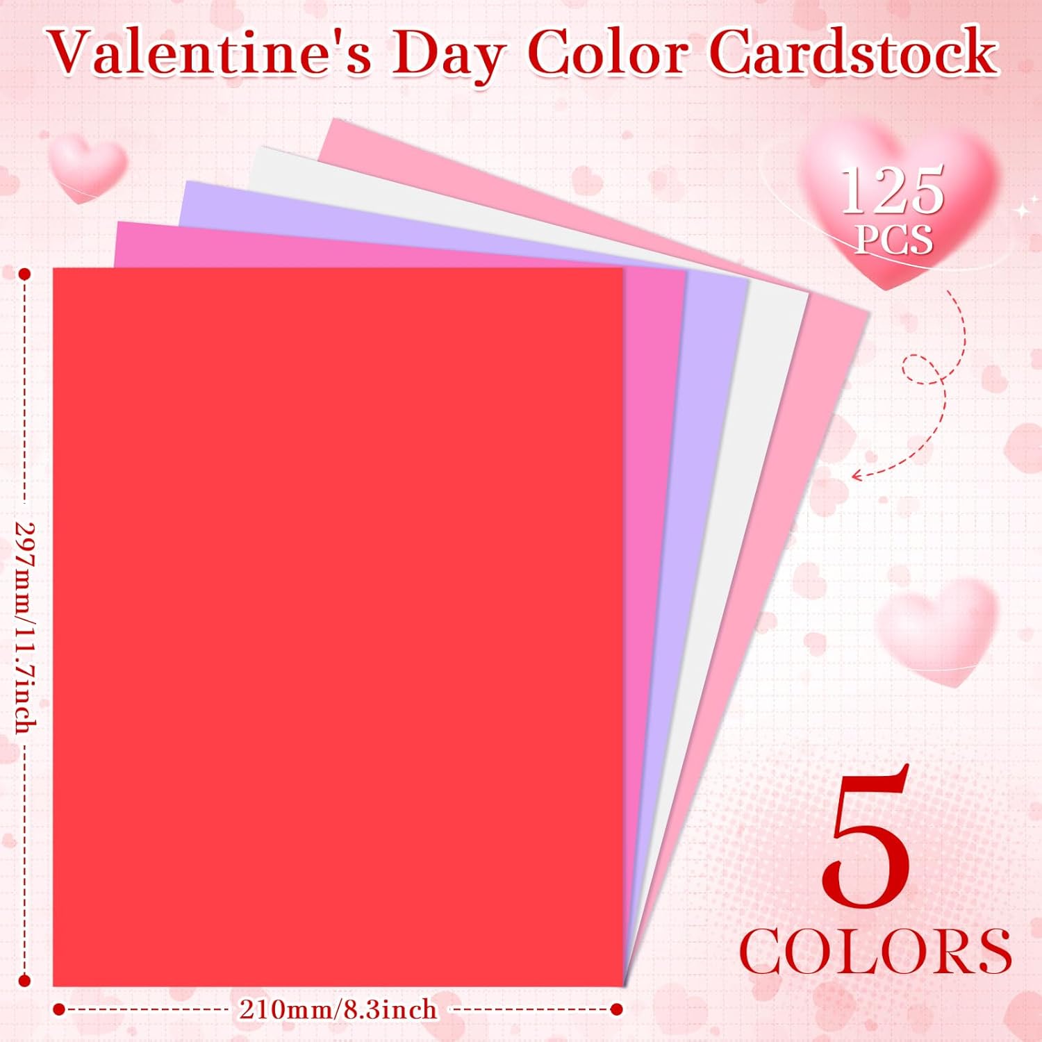 Cholemy 125 Sheets Valentines Day Cardstock, 8.3 x 11.7 Inch 5 Colored Cardstock Bulk Red Pink White Purple Scrapbook Paper for Gift Scrapbook Card Making Printer School DIY Crafts