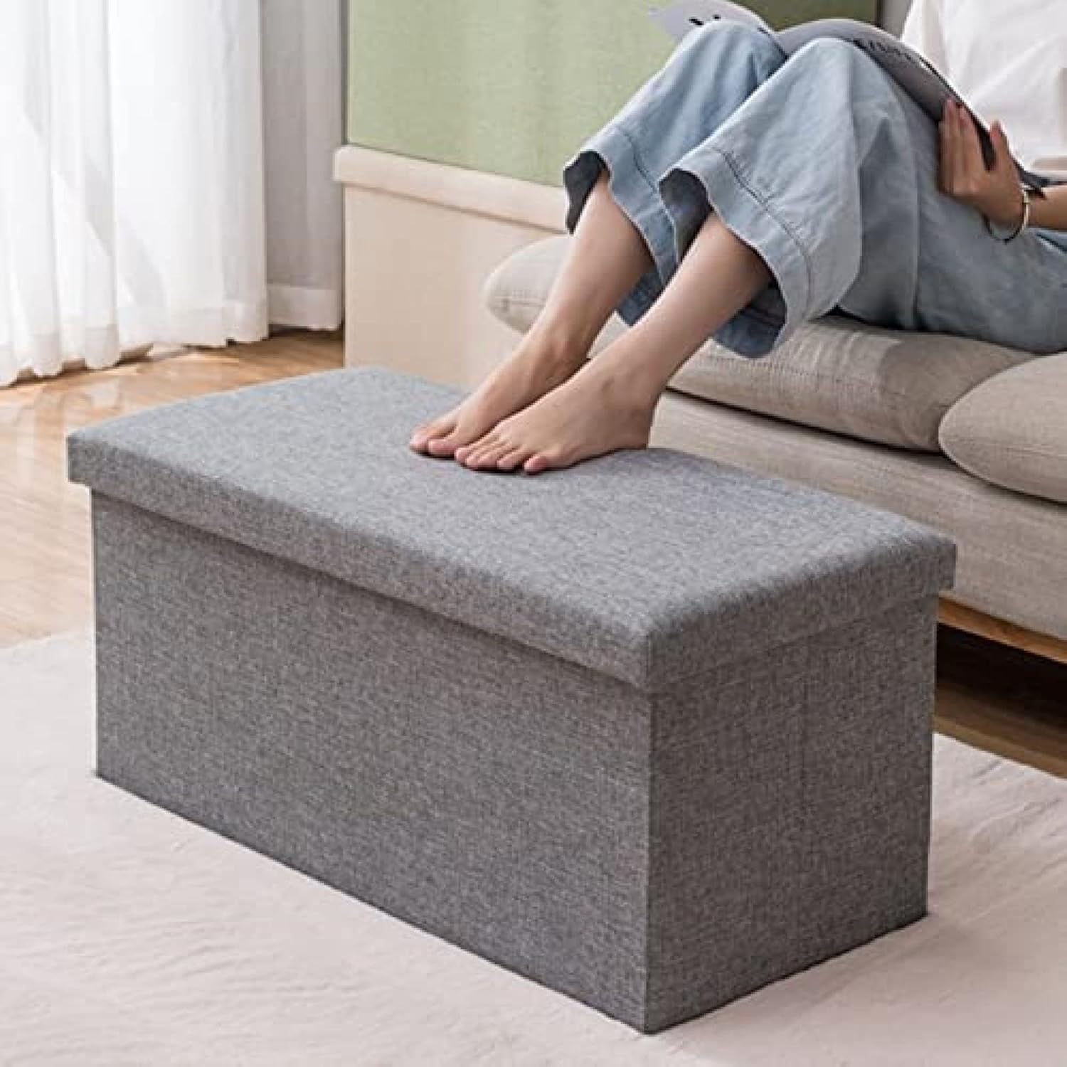 CJGKDJS 蓋付き長方形省スペースシューズベンチ、コットンリネン折りたたみ式収納オットマン、ベッドフットレストスツールの終わり,
