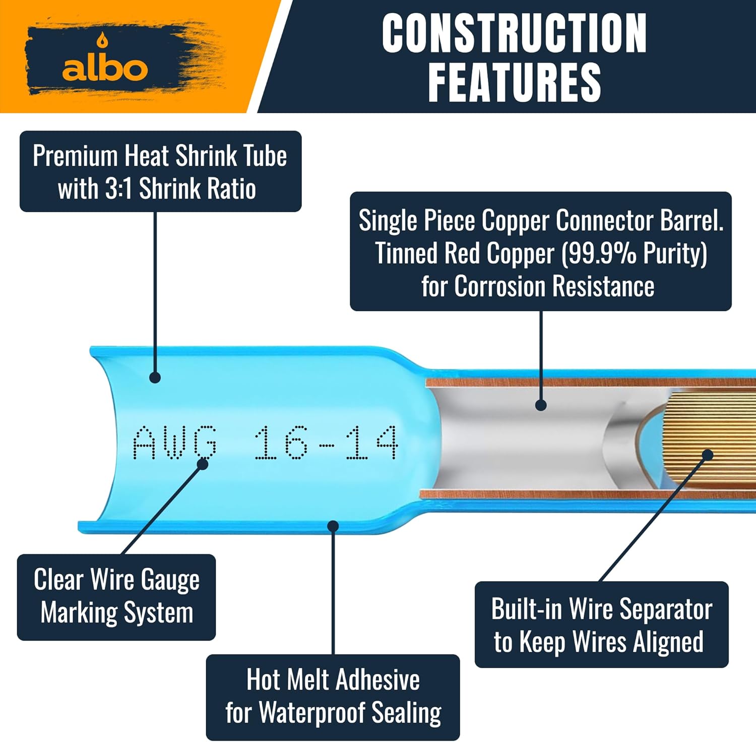 ALBO Heat Shrink Butt Connectors 26-10 AWG Set 600 PCS - Waterproof Solder Seal Insulated Crimp Wire Terminal Kit for Automotive, Marine Wiring | Splice Connectors 0.2-6 mm² Gauge