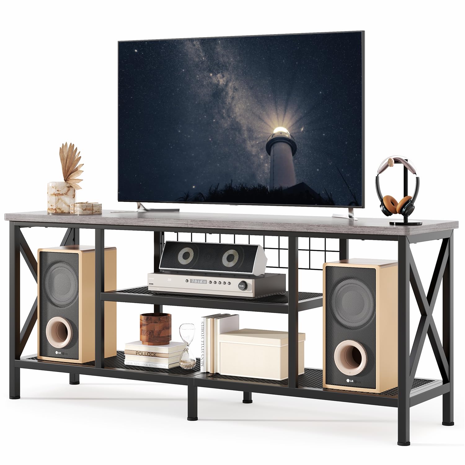 Gizoon TV Stand for 55-65 Inch TVs, 3-Tier Industrial Media Entertainment Center with Open Shelves, Metal Frame, 59.8'' Solid Wood Table top for