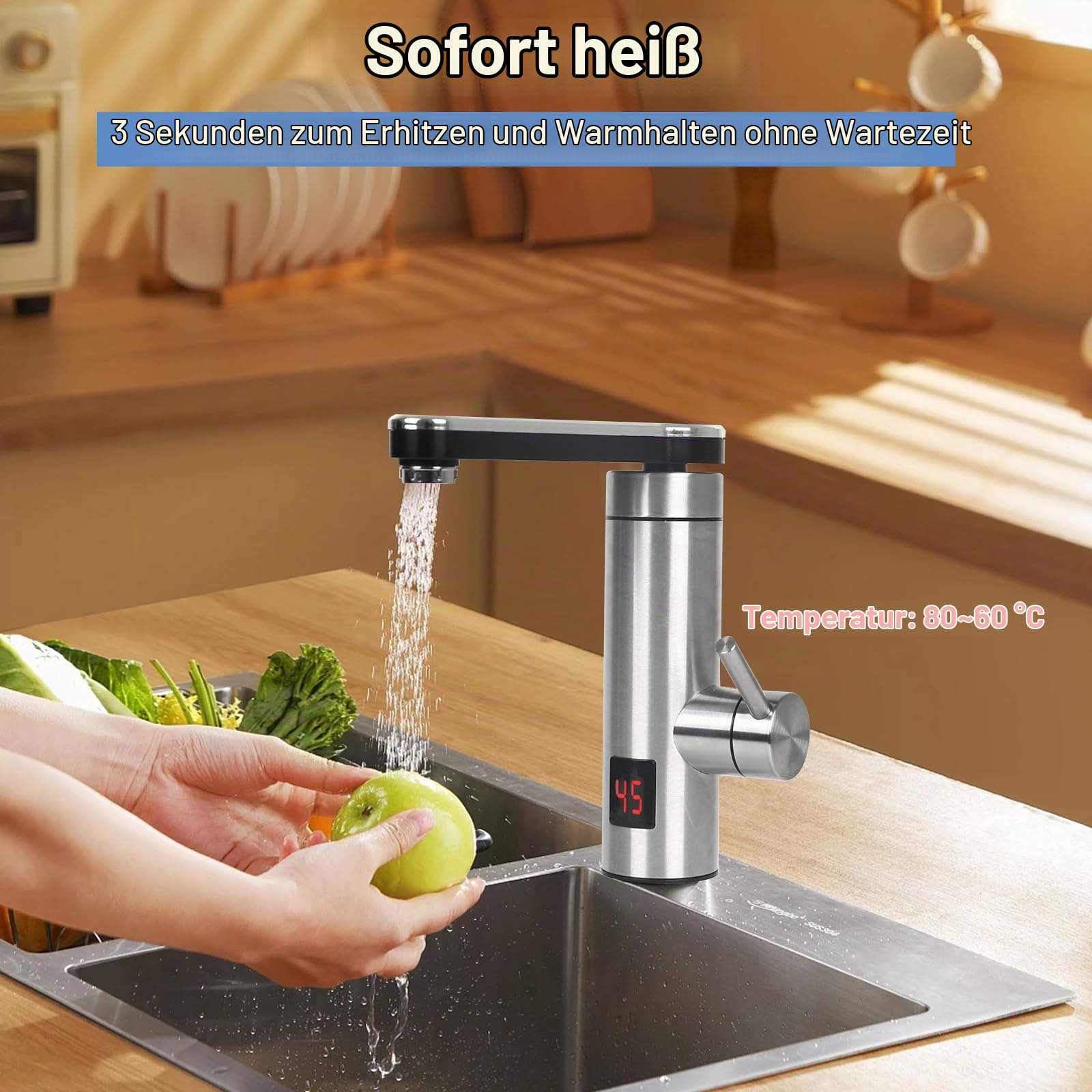 Elektrischer Wasserhahn für sofortiges heißes Wasser, 3 kW, elektrischer Wasserhahn für die Küche mit Digitalanzeige, 360 ° drehbar, Mischbatterie für Warmwasserbereiter aus Edelstahl
