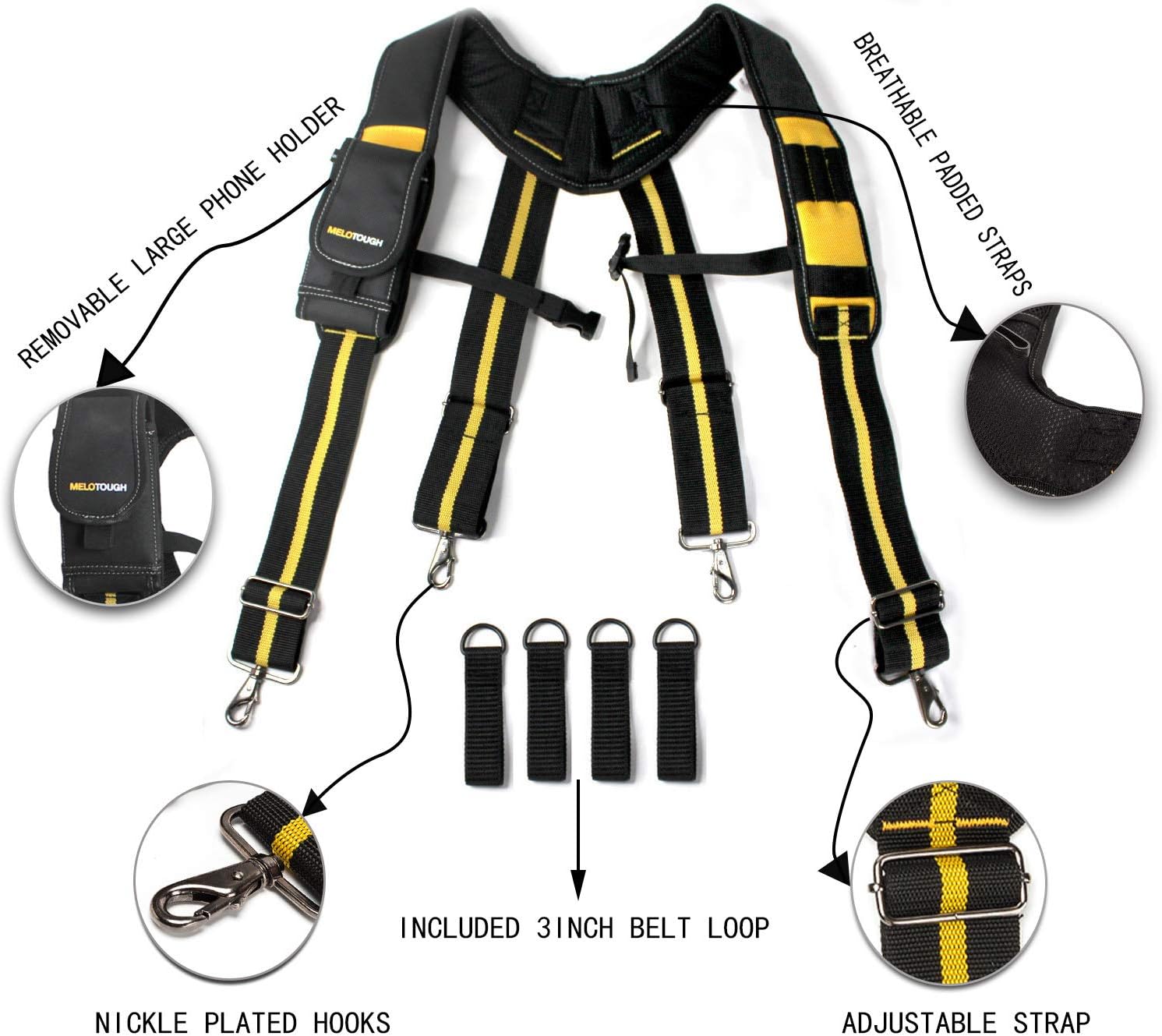 MELOTOUGH Tool Belt Suspenders with Padded Foam Adjustable Shoulder Straps, Large Phone Holder, Key Chain, Suspenders Loop Adjustable for Carpenter Suspenders Rig