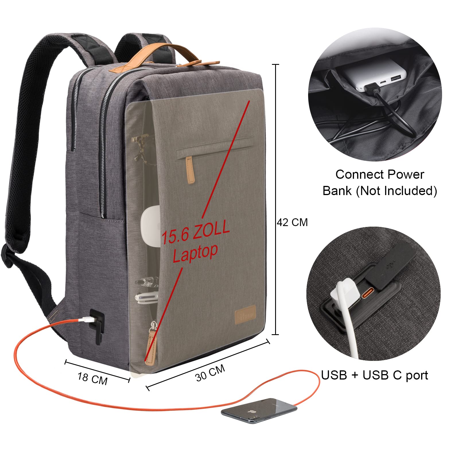 Hp hope Laptop Rucksack Business Rucksack Damen, Rucksäcke Herren 15,6 Zoll Laptop, 22L Handgepäck Reisetasche mit USB-Anschluss, Wasserdicht Backpack Reisen Arbeit Flugzeug Grau