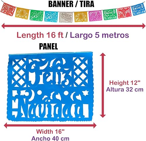 Miniatura 2 de Paquete de 2 pancartas metálicas de papel picado mexicano de 16 pies  Auténtico artesano hecho a mano, colorido, decoración de Navidad, suministros