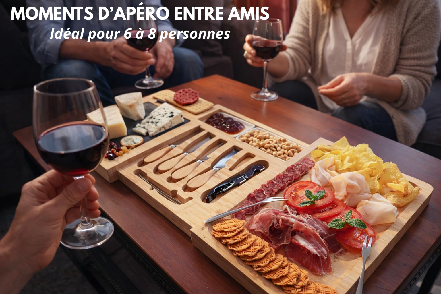 KKALYAN Planche Apero xxl Extensible en Bambou – Plateau Apéritif Dinatoire 6 à 8 Personnes avec Accessoires