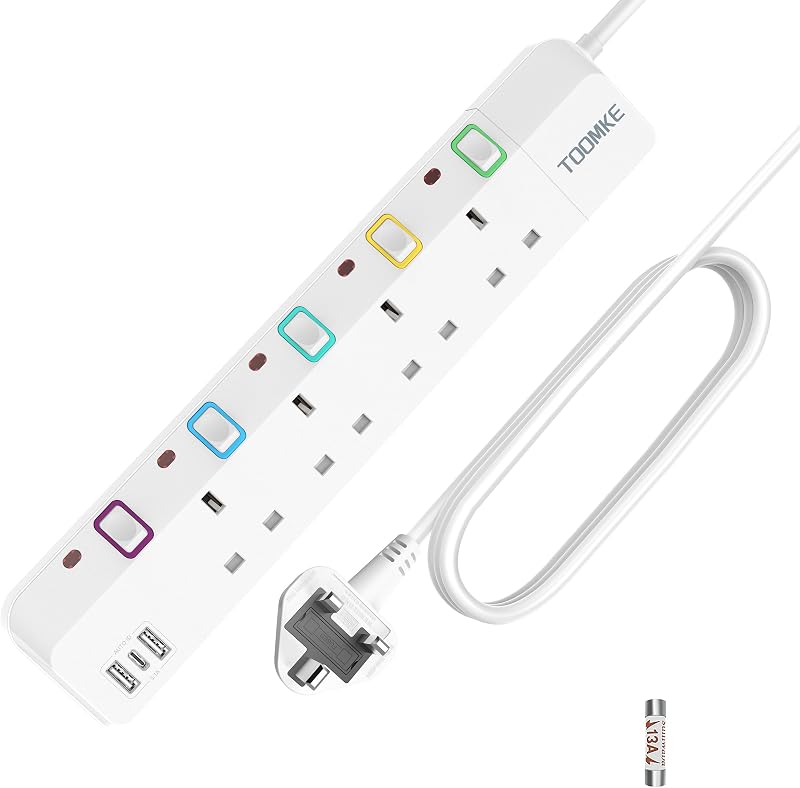 10M Extension Lead with Switches, 4 Way Extension Lead with 3 USB Ports (2 USB-A&1 USB C), Child Safety Protection Power Strip UK Plug Extension Socket 10 Meters Power Cord for Home Office