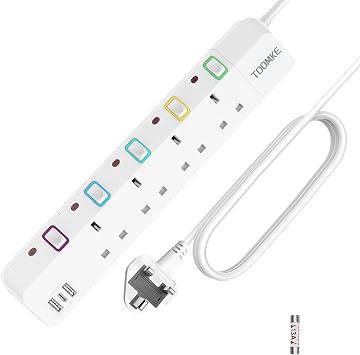 10M Extension Lead with Switches, 4 Way Extension Lead with 3 USB Ports 2 USB-A&1 USB C, Child Safety Protection Power Strip UK Plug Extension Socket 10 Meters Power Cord for Home Office