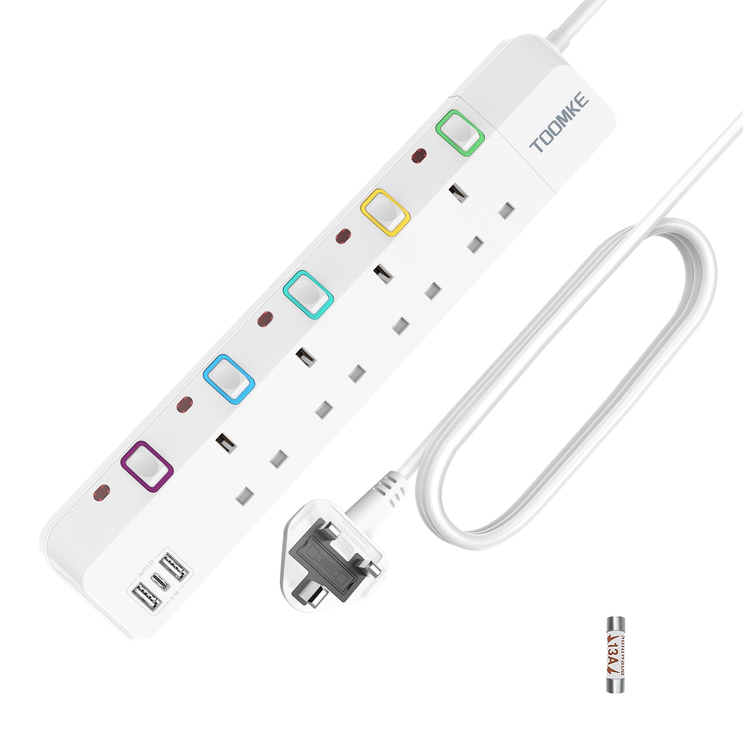 Extension Lead with USB Slots, Toomke 4 Way Plug Extension Socket with 2 USB-A and 1 USB-C, Mountable Power Strip with Individual Switches, UK Plug Socket 1.5m Extension Cord 13A 3250W — view 8