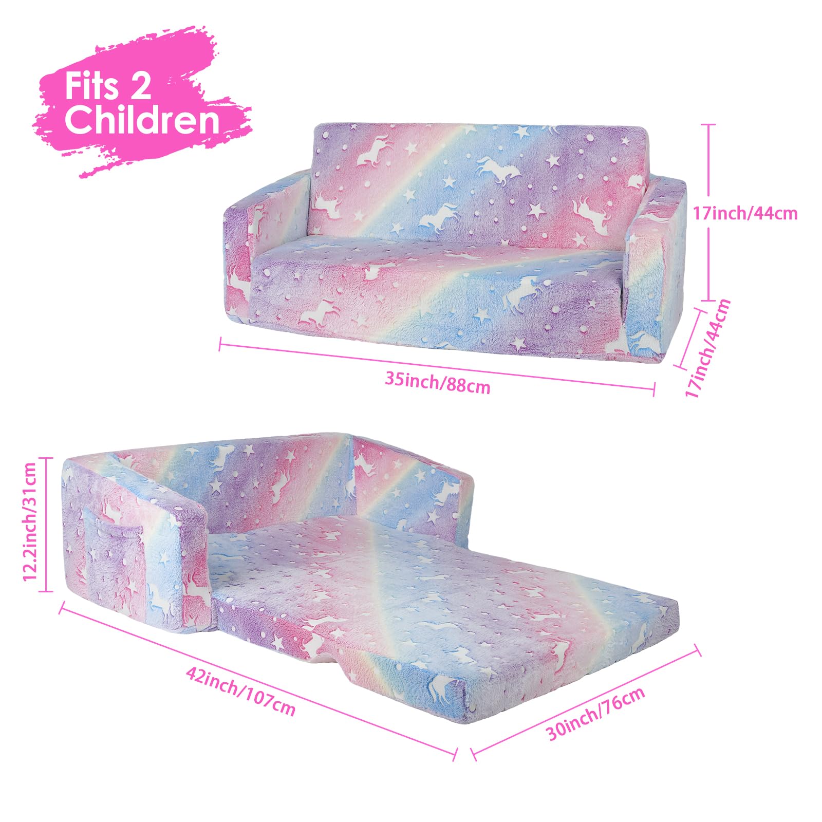 Divano Letto per Bambini 2-in-1 Pieghevole Schienale Poltrona, Comoda Stabile Divano Bambini con Tasca in Stoffa, Divano Pieghevole Leggero Apribile per Camera da Letto, Soggiorno, Unicorno Rosa