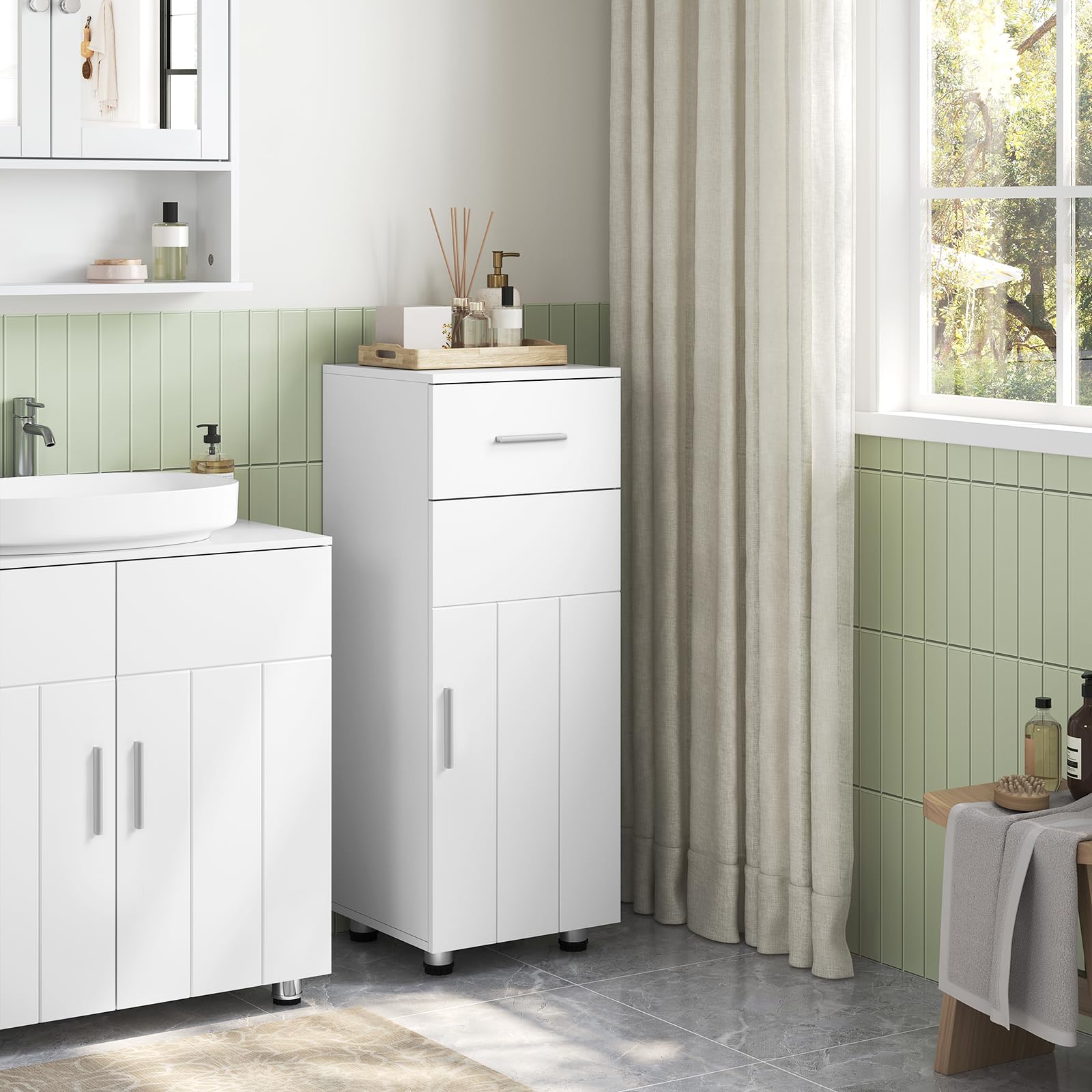 EUGAD Meuble Salle de Bain sur Pied, Placard de Rangement avec 1 Porte, 1 Tiroir, 1 Étagère Ajustable, pour Entrée, Salon, Cuisine, Chambre, 30x30x80cm, Blanc