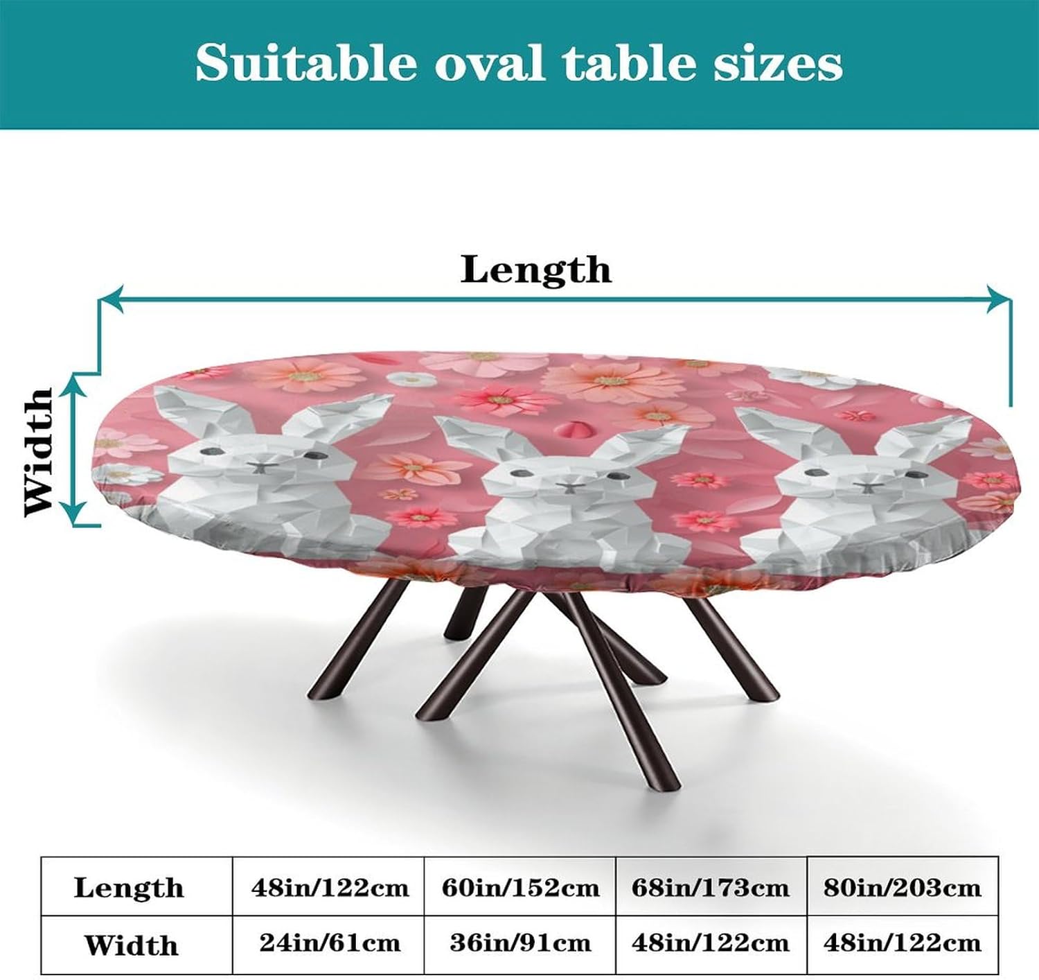 Rabbit and FlowerPink Print Oval Table Cloths Waterproof & Stain Resistant Elastic Large Oval Tablecloth Oval Table Cover for Dining/Party/Buffet/Wedding Fits for 52 x 70 Oval Table