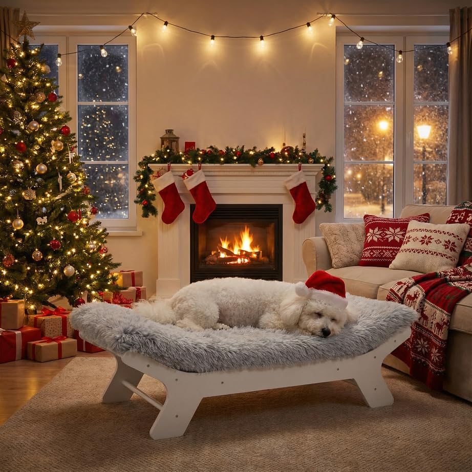 Miniatura 1 de Muihood Colchón de madera con marco de cama para perro, muebles elevados elevados, color blanco, adecuado para un peso de hasta 40 libras