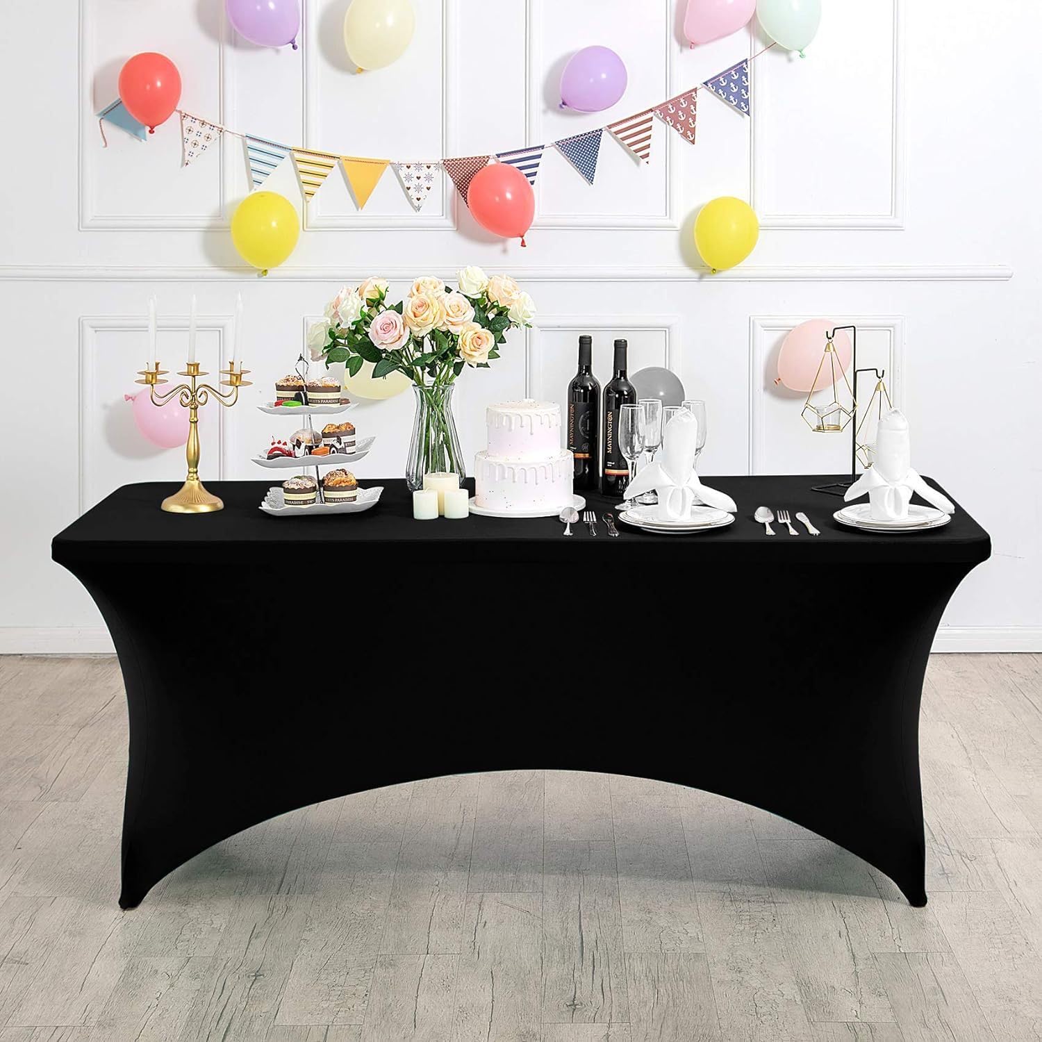 PRK 14 Black Spandex Tablecloth 6ft Tight Fitted Washable Stretch Table Cover Rectangular for Dinner Wedding Banquet Events Birthdays Party Cloth