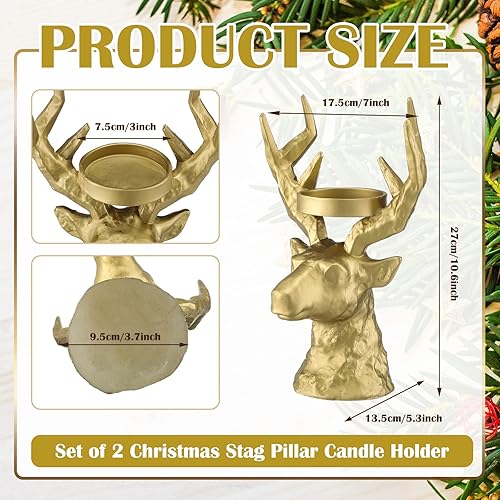 Miniatura 2 de Thyle Juego de 2 candelabros dorados de renos para decoración de mesa de ciervo de Navidad, soporte de vela de resina con cabeza de ciervo para