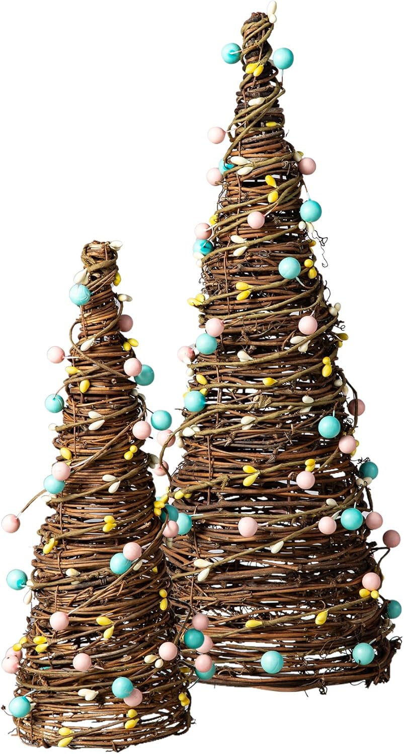 Glitzhome Set of 2 Easter Table Tree with Rattan and Berries for Spring Easter Party Supplies Props