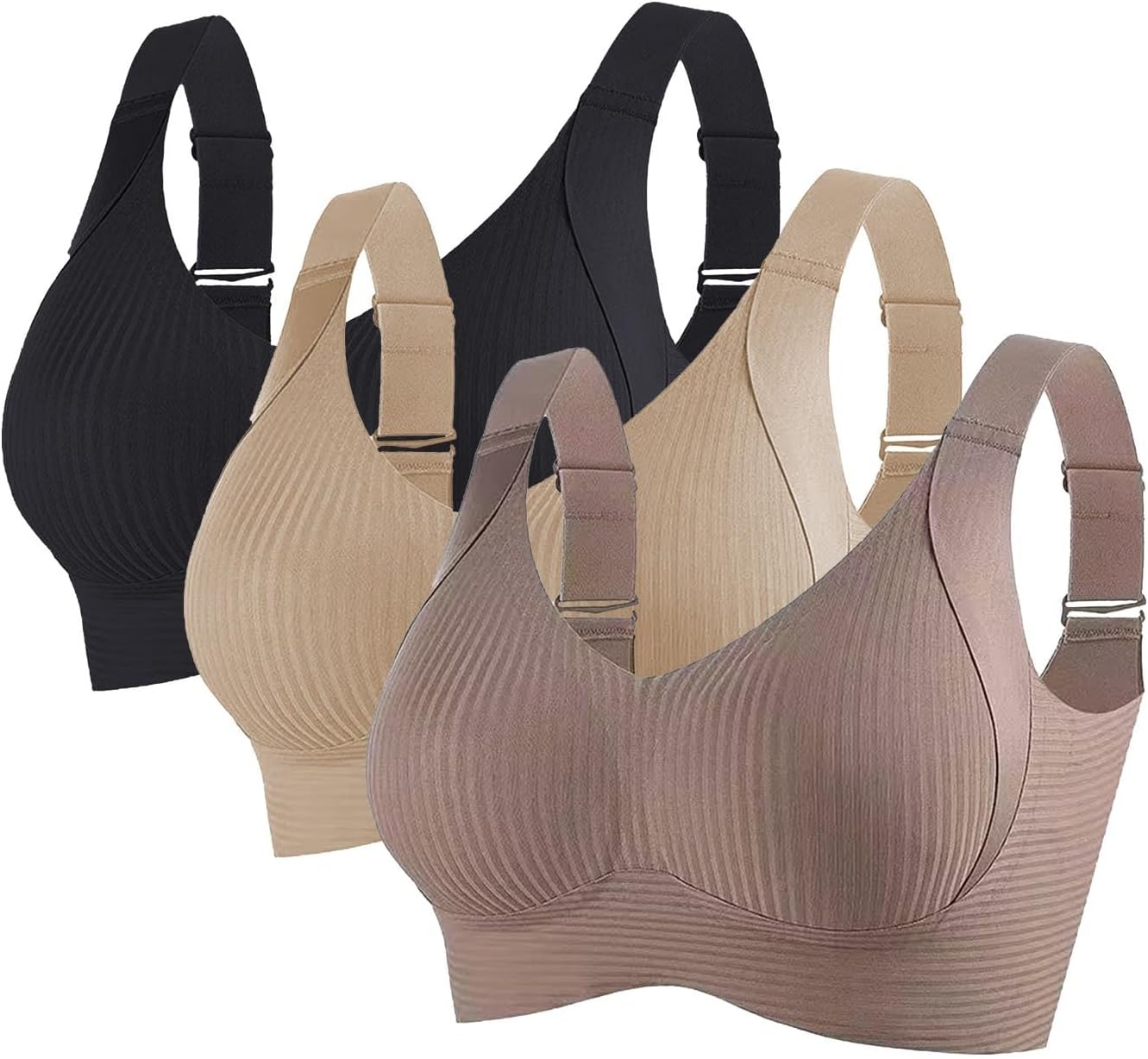 2/3 Pack Bras for Women Non Wired Seamless Bras Women Comfortable Ribbed Bralettes Sports Bra Soft Support Lift Full Coverage Bralettes Everyday Plus Size Bra with Adjustable Padded