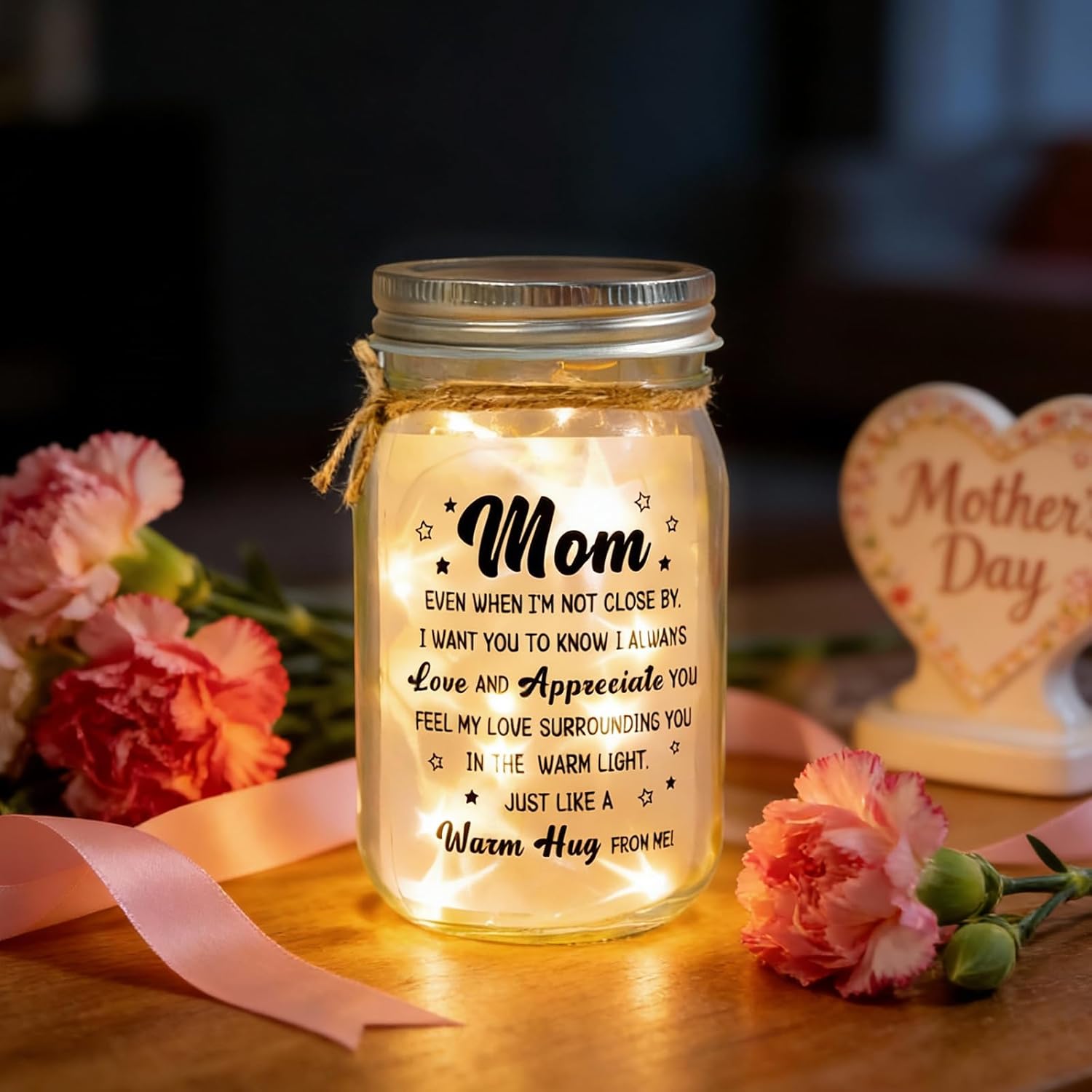 Sentimental Gifts for Mom, Mason Jar Night Light, Birthday Mothers Day Christmas Gifts for Mom from Daughter, Son, Kids(Warm Hug) - Image 6