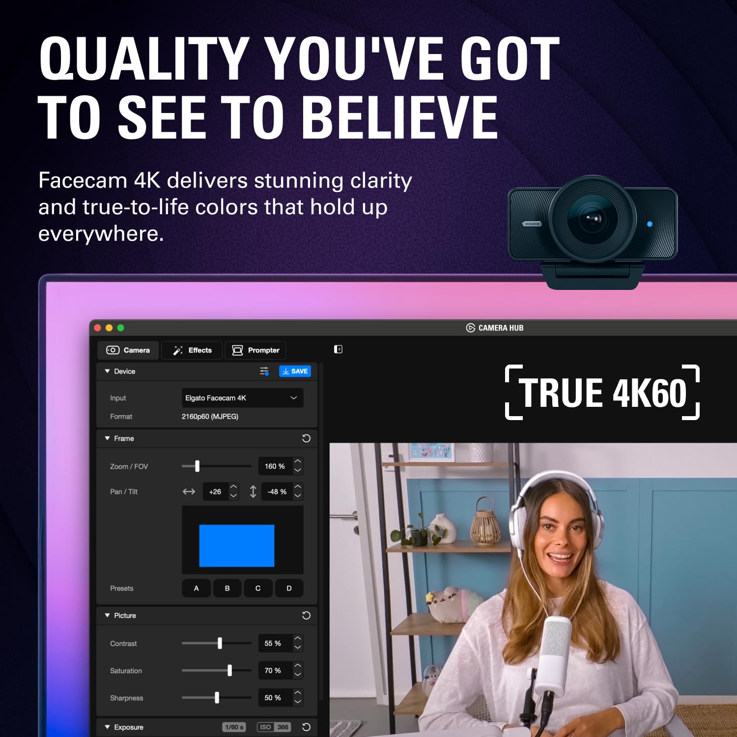 Elgato Facecam 4K - Webcam de estudio 4K60, control tipo DSLR, efectos cinematográficos, filtros de lente de 49mm, HDR, video sin comprimir, área de enfoque optimizada | USB-C para PC y Mac