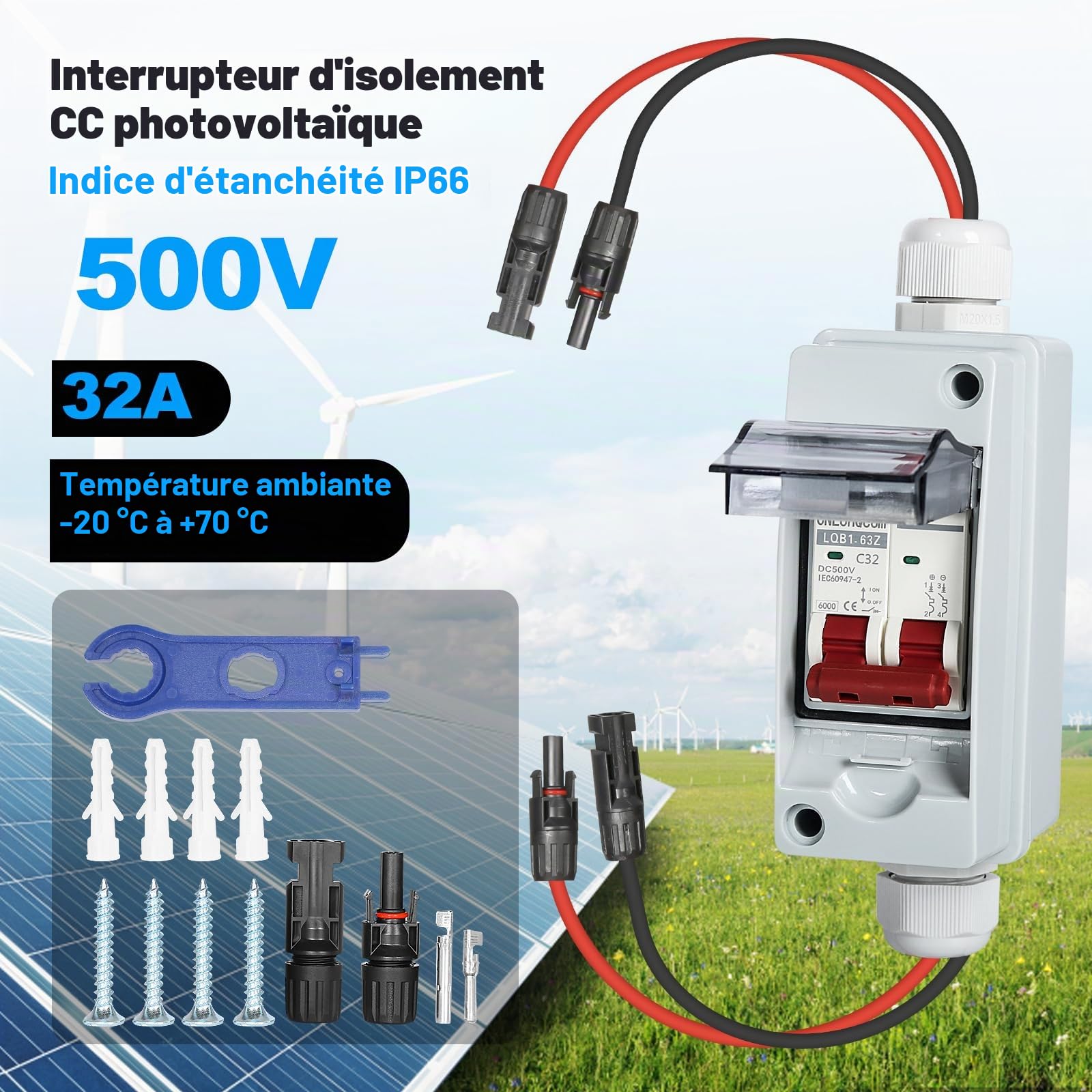 DeWin PV Boîte de Combinaison Solaire, 1 en 1 sur DC500V Interrupteur d'isolement Disjoncteur électriques Extérieur étanche Solaire Photovoltaïque Combiner Box for Système de Panneaux Solaire 32A