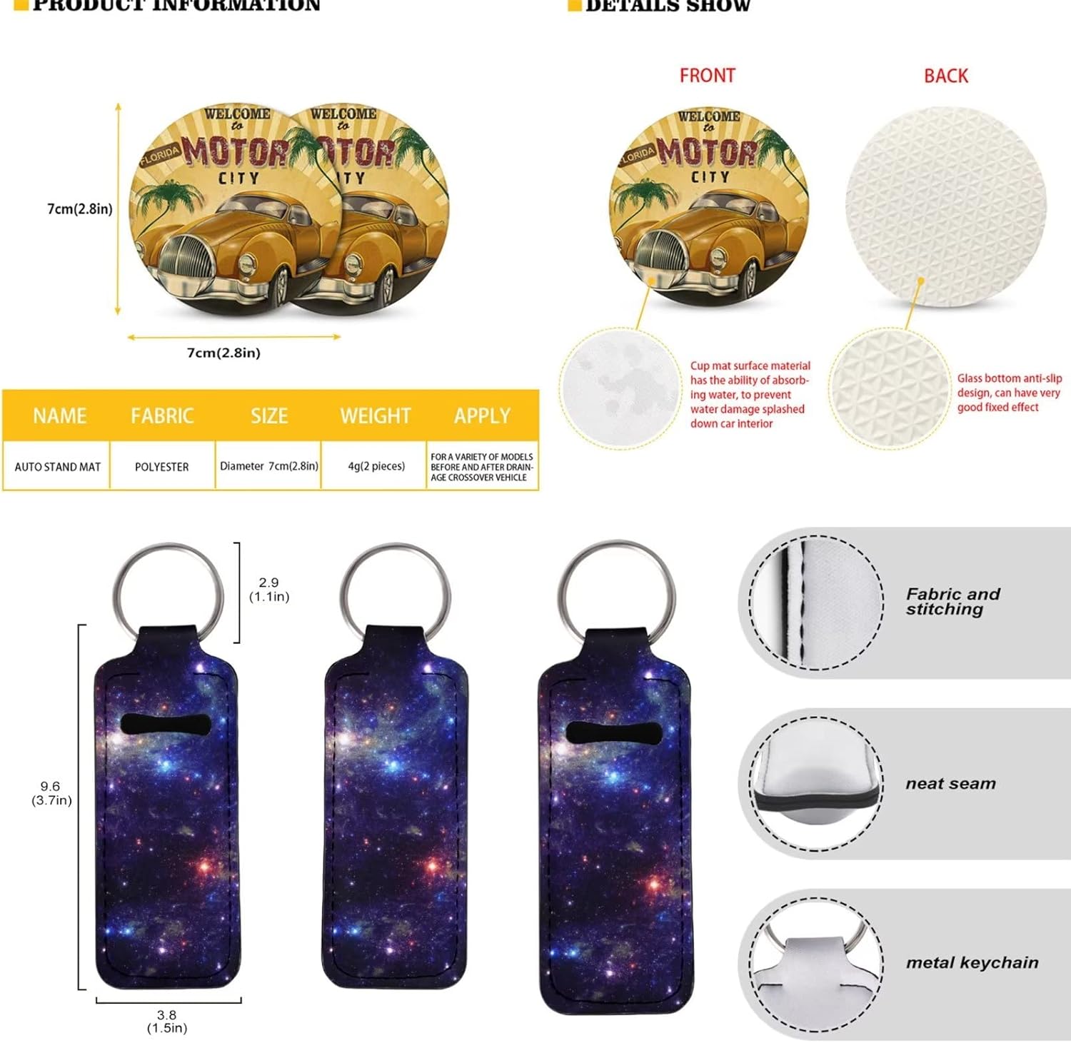 Strawberry Seat Covers for Car Women Auto Steering Wheel Cushion Long Round Keychains Cup Holder Coasters 12 Piece Auto Accessories Interior Set