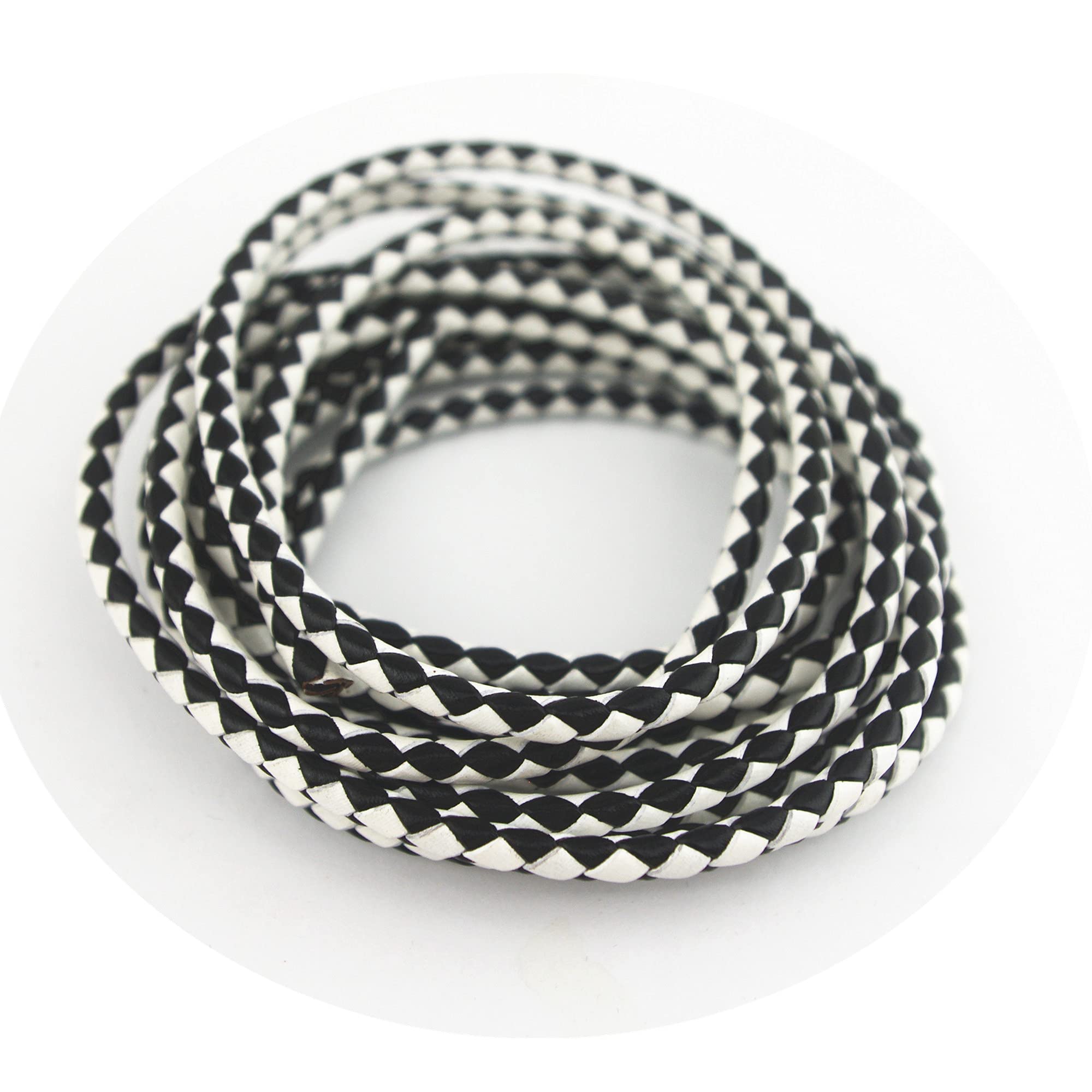 Glory Qin 5 Yards Round Folded Bolo Braided Genuine Leather Cord for Making Bracelet & Jewelry (Black and White, 3mm)