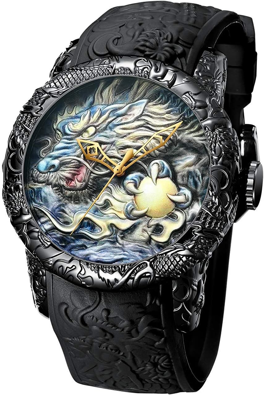 Men's Fashion Big Dial 3D Sculpture Dragon Watches Men Quartz Watches Luxury Exquisite Creative Watch