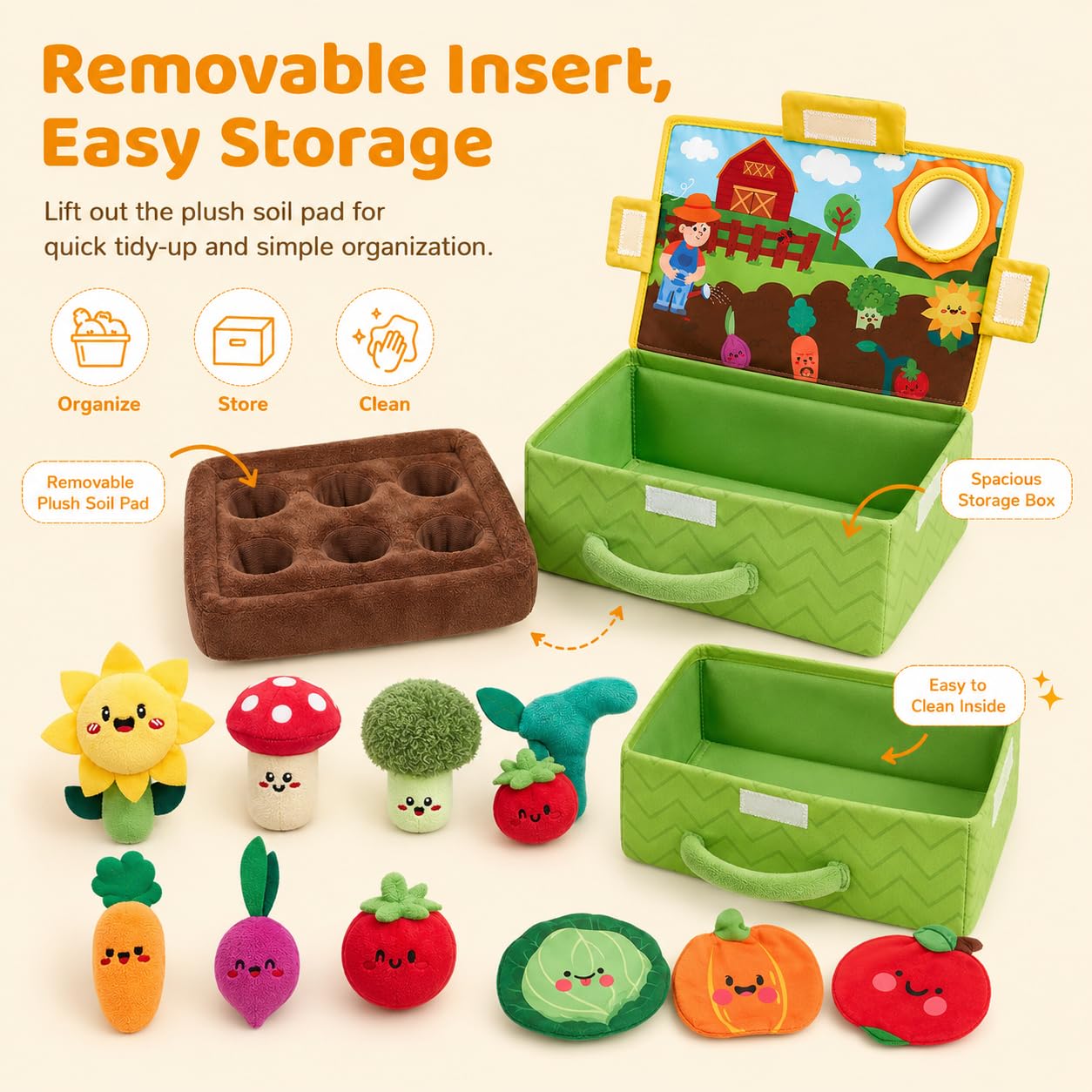 Fattoria Verdura Bambini, Giochi Montessori 1 Anno, Verdura Fattoria per Bambini con Peluche, Libro Sensoriale Neonati, Set Educativo Sensoriale con Sonagli, per La Prima Scoperta del Bebè