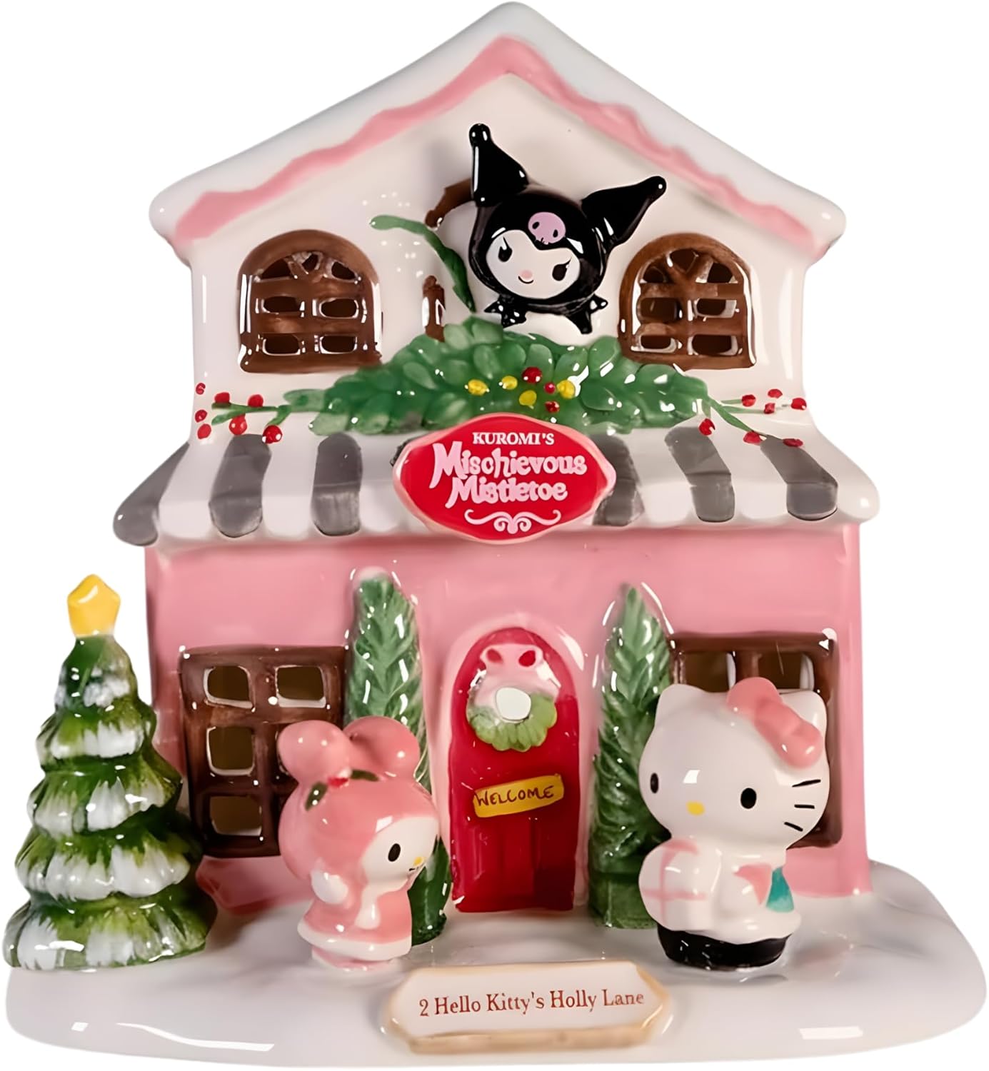 Blue Sky Clayworks Kuromi’s Mischievous Mistletoe Candle House, 5.825" L x 4.825" W x 6" H, Snowy Prankster Glow