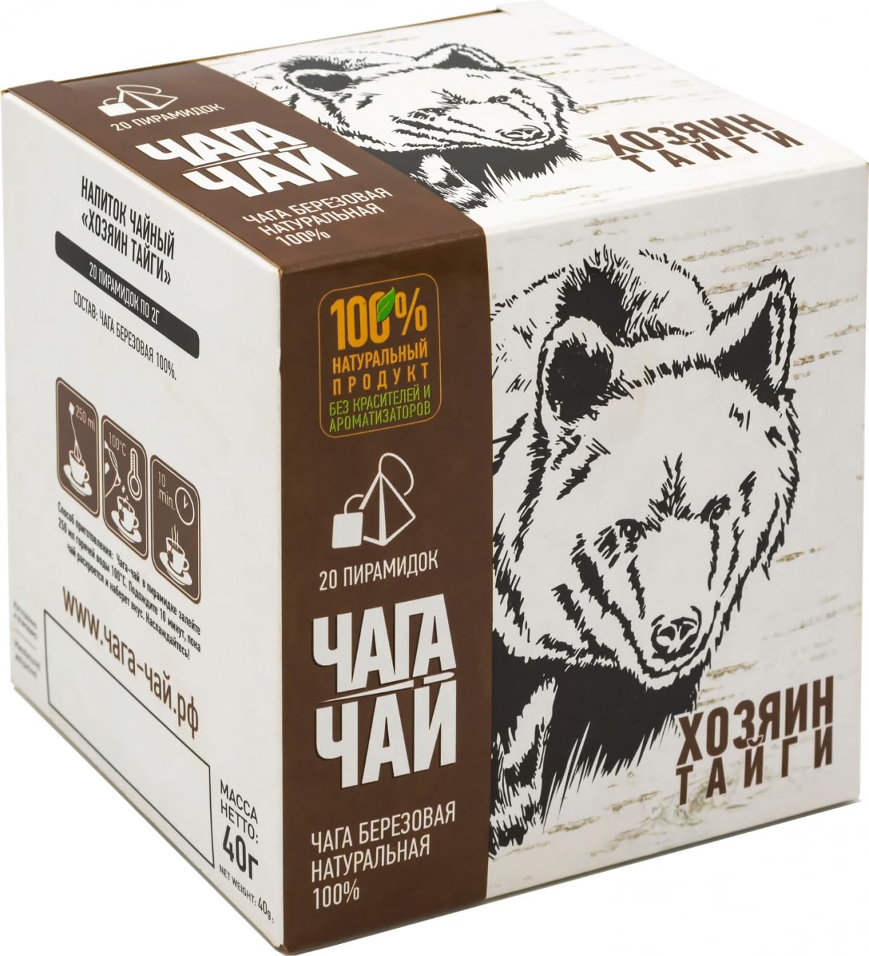 Imported Russian Premium Birch Chaga Tea "Taiga Owner", 20 pyramids of 2g/ 1.41oz Net. Total 1.41oz