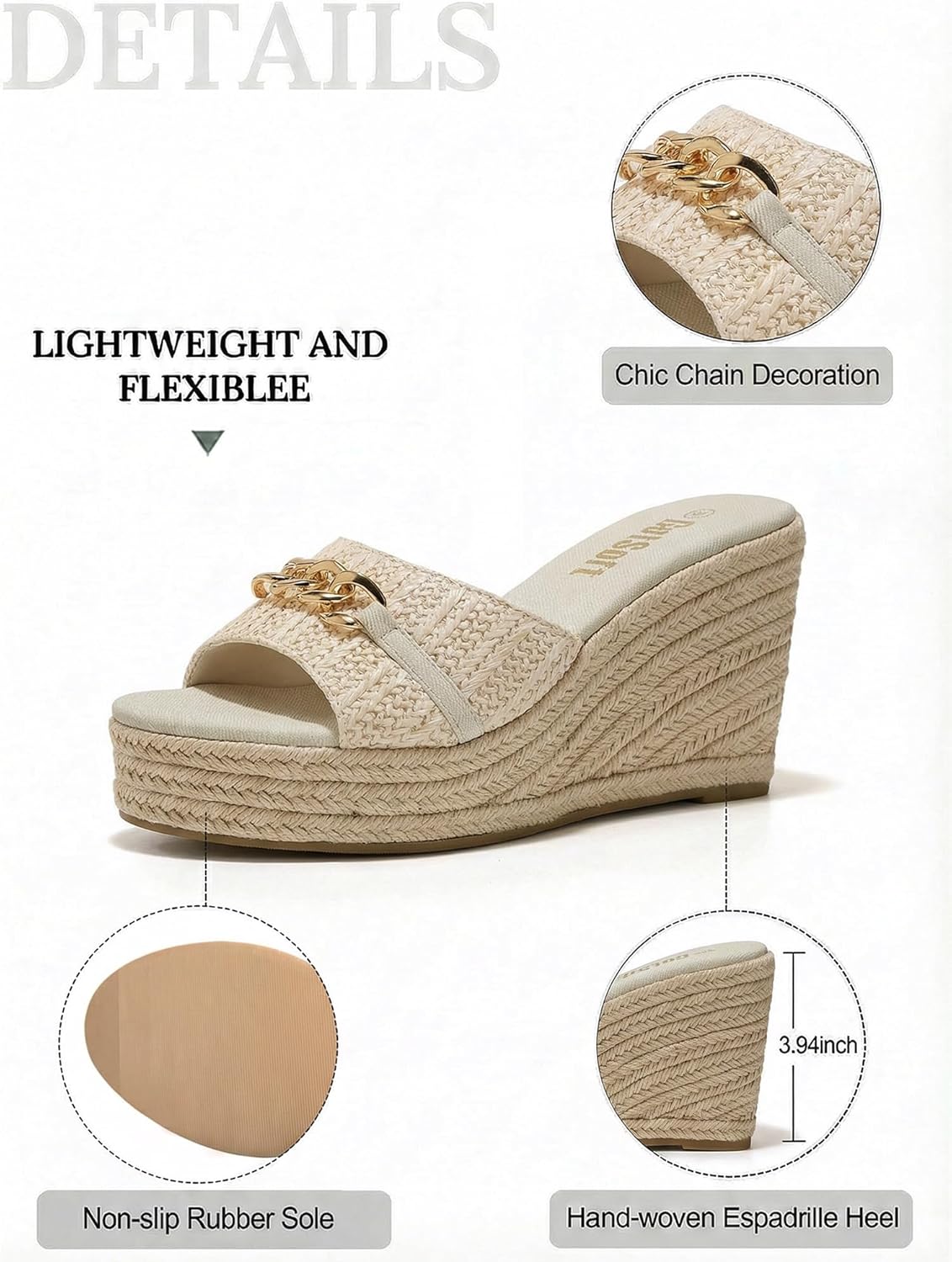 Women's Open Toe Wedge Espadrilles Sandals Chain Slip On Slides Platform Sandal Summer Shoes - Image 5