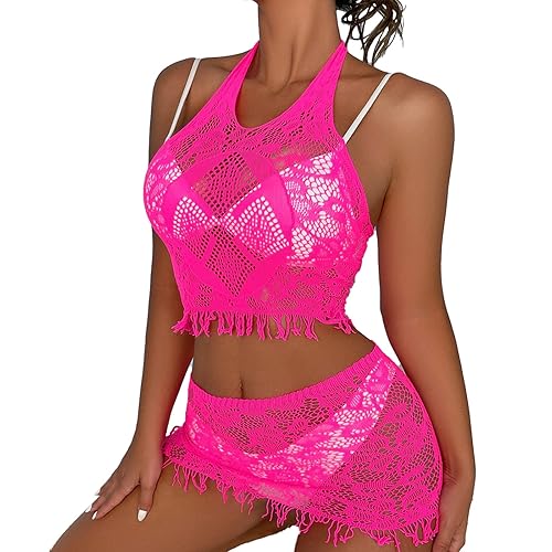 ZULYSTO Mini Skirts Halter Crop Tops Lingerie Set for Women Sparkle Rhinestone Fishnet Tassel Bodycon Chemise - One Size - Tz16/Rose Red
