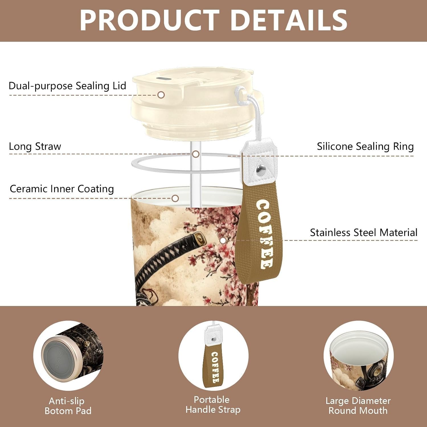Samurai Cherry Scary Insulated Coffee Mug with Straw & Flip Lid, 16.9oz Iced Tumbler Cup, Double Wall Vacuum Leak-Proof Mug for Travel Office
