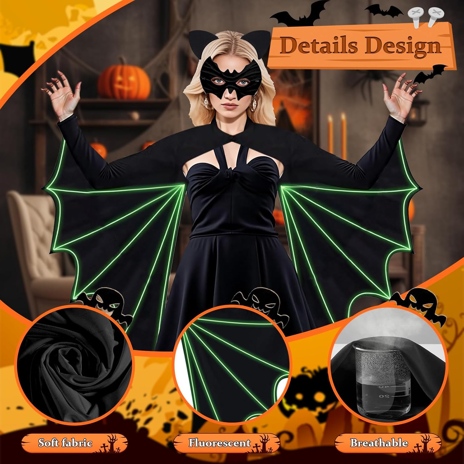 Women’s Bat Wings Costume with Glow in Dark, Adult Halloween Cosplay Costume with Headband & Face Cover for Party - Image 3