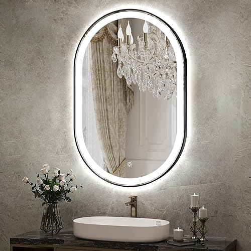 Espejo de baño LED ovalado de 36 x 24 pulgadas, espejo de baño ovalado iluminado con marco negro, espejo inteligente antivaho con 3