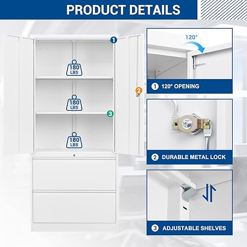 Vista 20 de Archivador lateral de 3 cajones con cajón y puerta con cerradura, archivador grande de acero para oficina en casa, archivos colgantes tamaño Negro