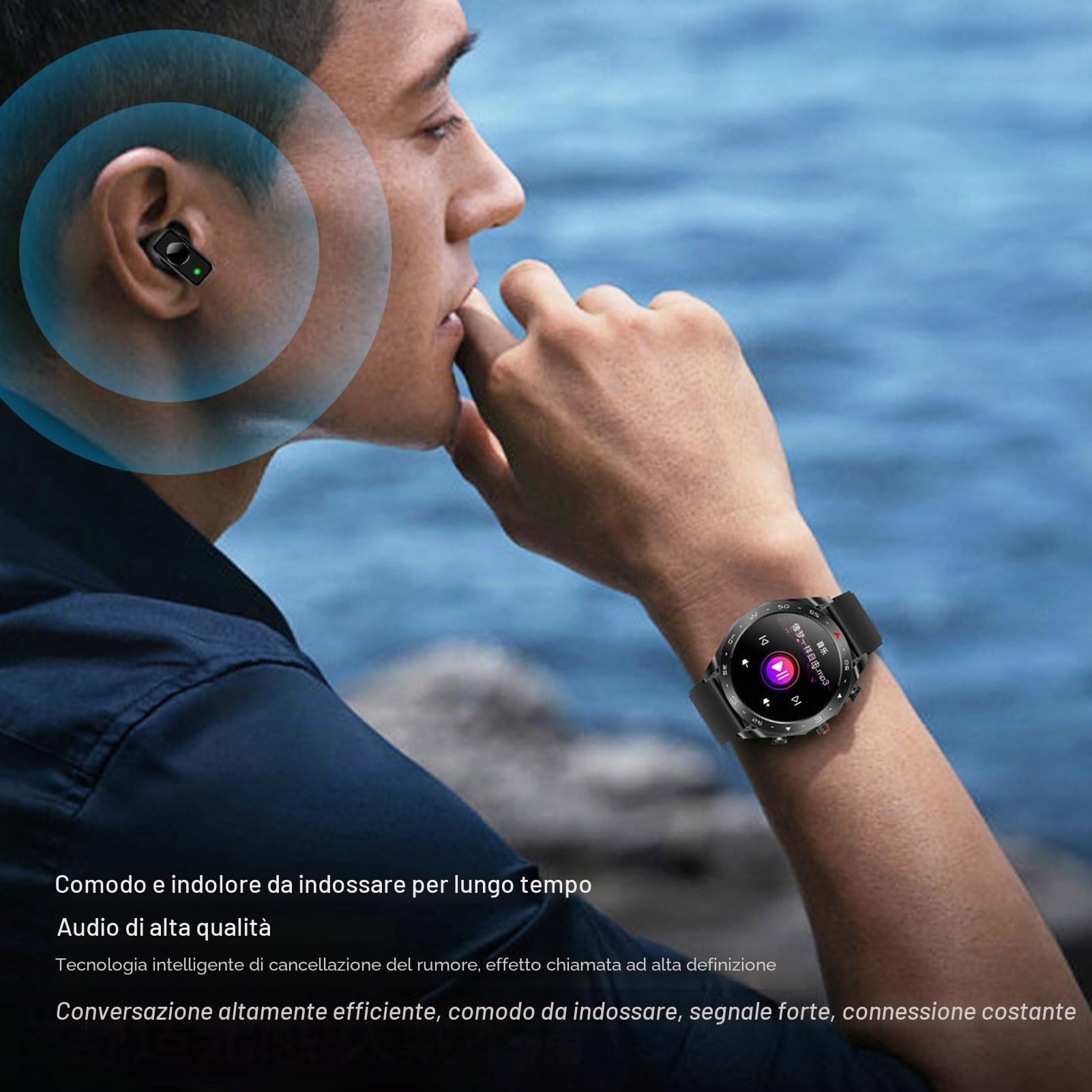 Keenso 2 in 1 Smartwatch con Auricolari Wireless, Orologio da Allarme del Timer di Previsione Meteorologica, Auricolari Che Cancellano il Rumore per Uomini