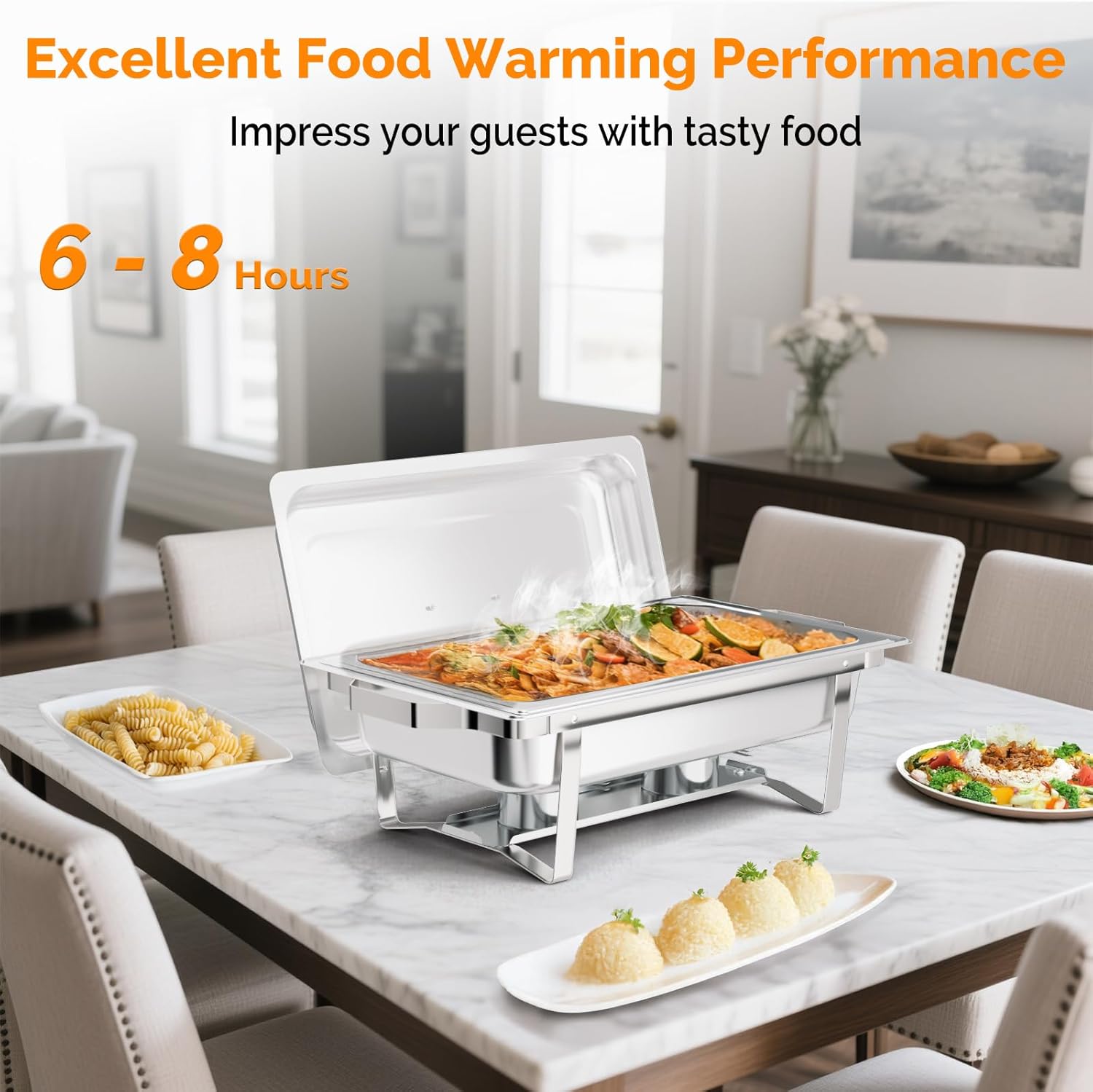 ROVSUN 6 Pack Chafing Dish for Buffet, 9 Quart Stainless Steel Chafing Dish Buffet Set with Rolled-Edge Design, Chafers and Buffet Warmers Sets with Folding Frame for Party, Catering, Wedding