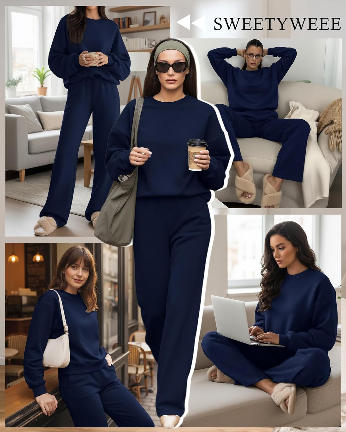Women's 2 Piece Outfits Set Fleece Lined Lounge Sweatsuit Crewneck Pullover Top Wide Leg Pants Casual Tracksuit - Image 2