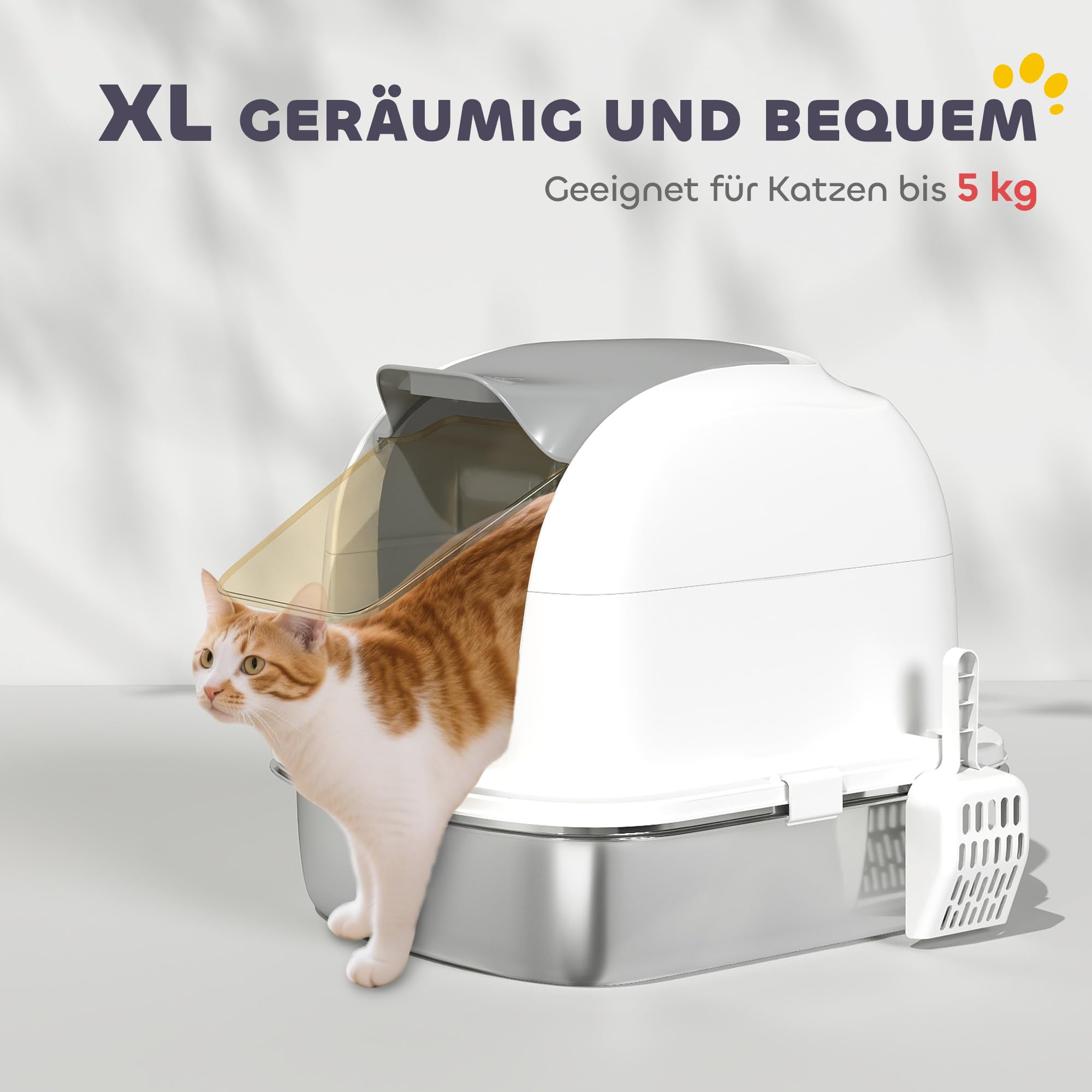 PawHut Katzenklo Edelstahl mit Deckel Kastenklo 52,4 x 41,3 x 42 cm Weiß | Katzentoilette mit Wanne, Inklusive Streuschaufel, Für Katzen unter 5 kg