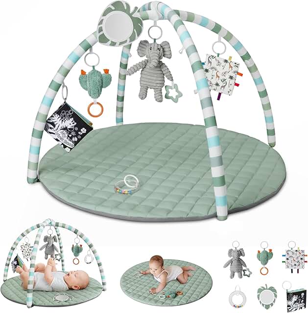 Blissful Diary Sage Green Baby Play Gym Mat: Easy Clean Activity Center with 6 Detachable Toys