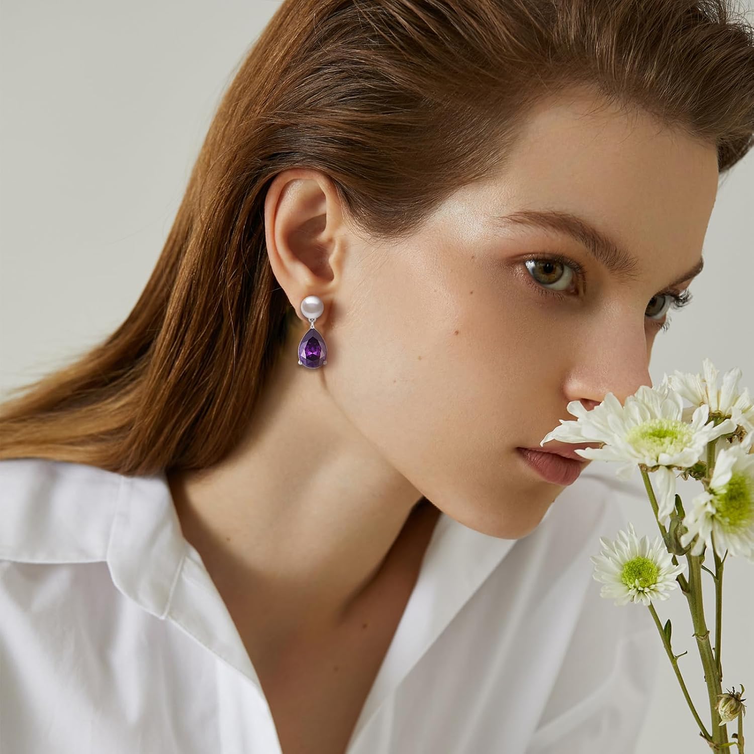 YAMI Pearl Earrings for Women, 925 Sterling Silver Studs 10 * 14mm Pear Shaped Colored Zircon Birthstone Drop Dangle Earrings, 8-8.5MM Freshwater Cultured Pearl Jewelry Gifts