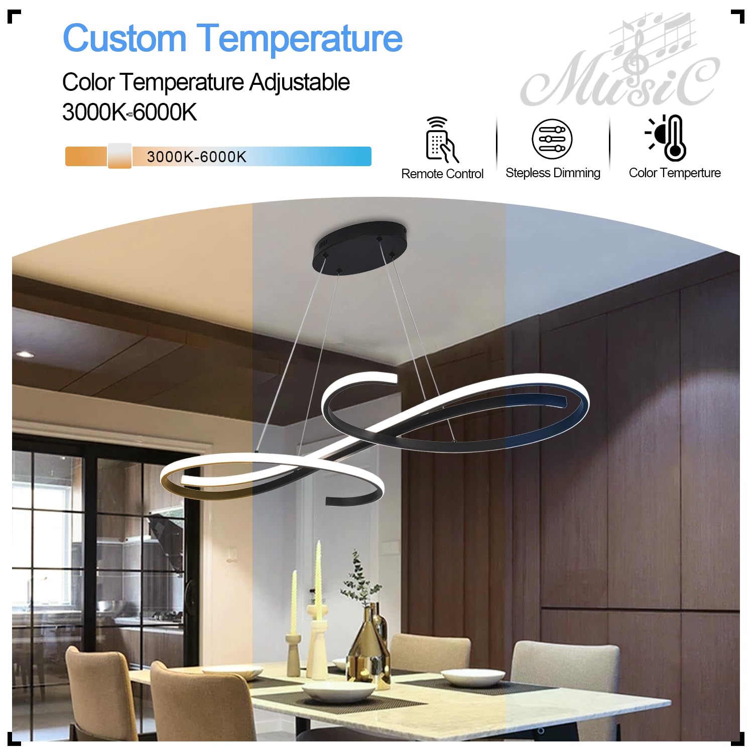 Lampada a Sospensione a LED per tavolo da pranzo, Dimmerabile, Moderna Lampada a Sospensione a LED con Telecomando, 3000K-6500K, Temperatura di colore 10%-100% " | Luce regolabile 3000K-6500K con telecomando, apparecchio di illuminazione ideale per sala d