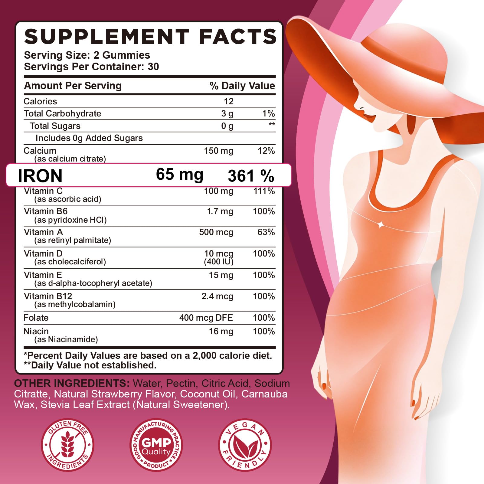 65mg Iron Gummies with Multivitamin, Iron Supplement for Women & Men with Calcium, Folate for Adults, Energy & Immune Health Support for Iron Deficiency, Sugar-Free, Strawberry Flavor, 120 Count — Amazon image 2