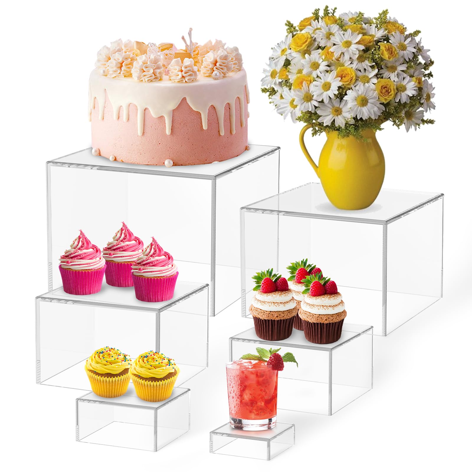 Ktcina Clear 6Pcs Buffet Risers, Small Acrylic Food Riser Cupcake Stand Risers Cube Display Table Riser Stand Dessert Table Display Set For Catering Dessert Jewelry Figures Show 20/18/15/13/10/7.6Cm(Clear)