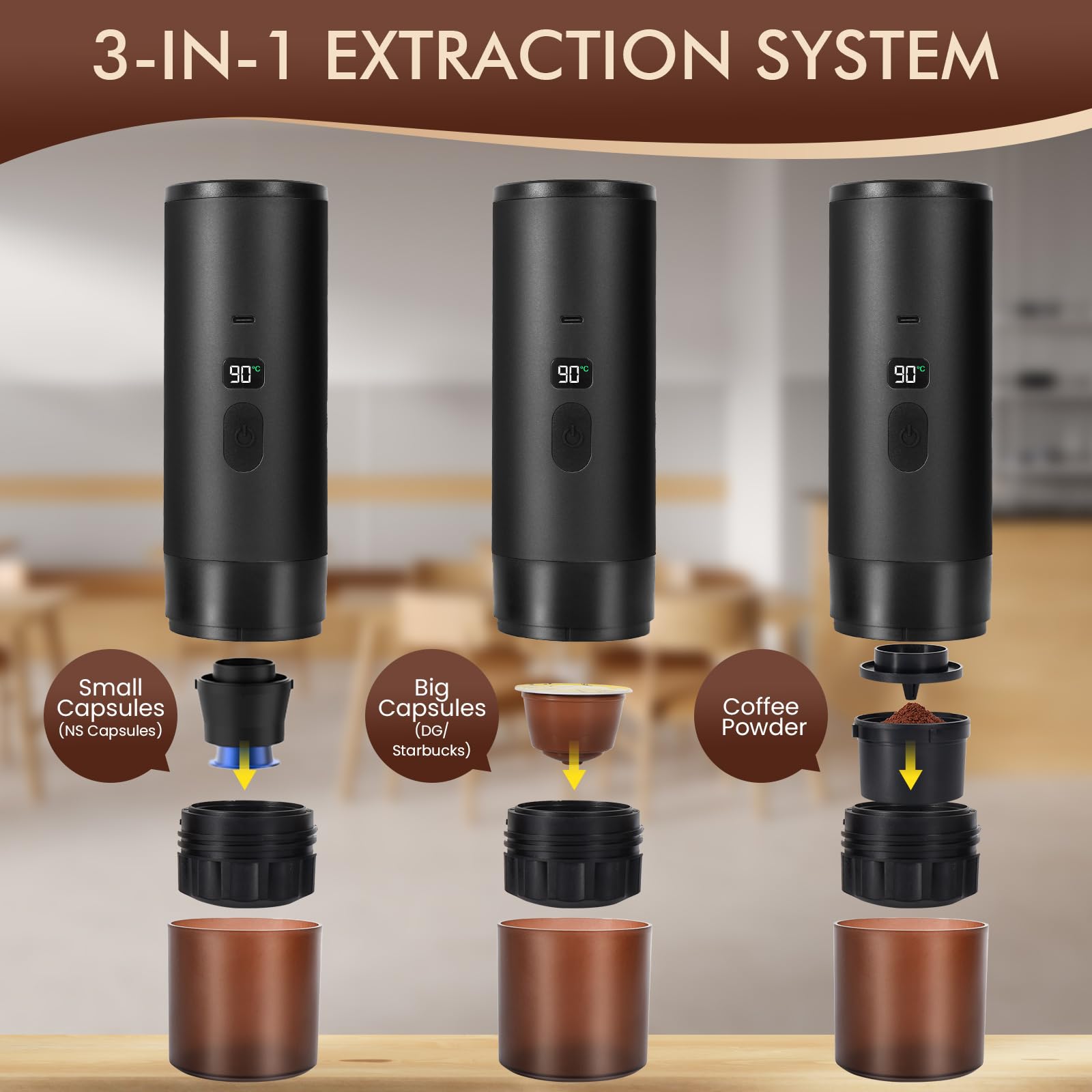 LAMA Machine à café portable, machine à expresso électrique avec Support, mini machine à capsules, compatible avec les capsules et le café moulu, chauffe instantanée, pour camping voyages, Noir
