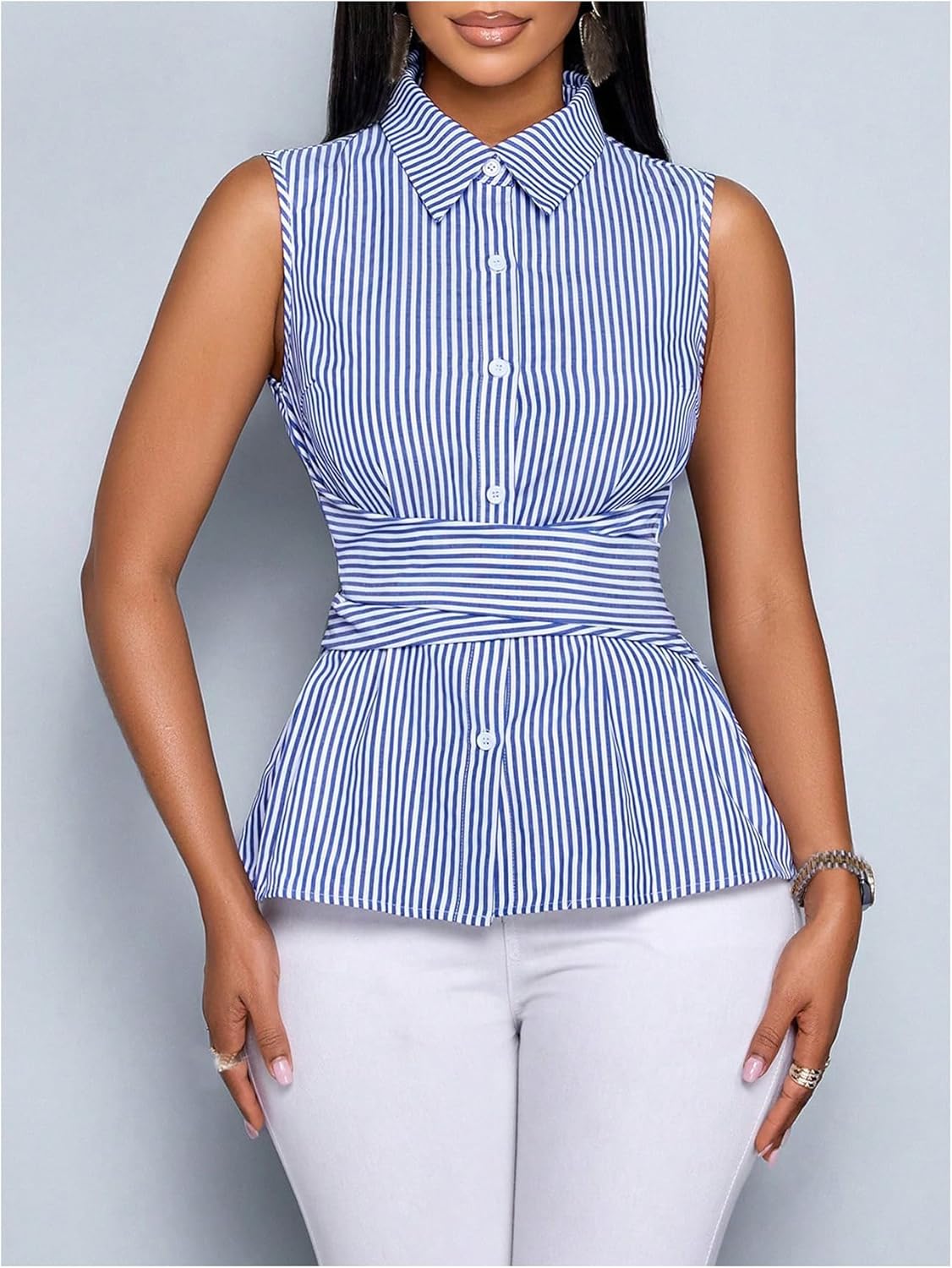 SOLY HUX Women's Striped Button Down Shirts Collared Sleeveless Bow Tie Peplum Casual Work Blouse Tops - Image 5